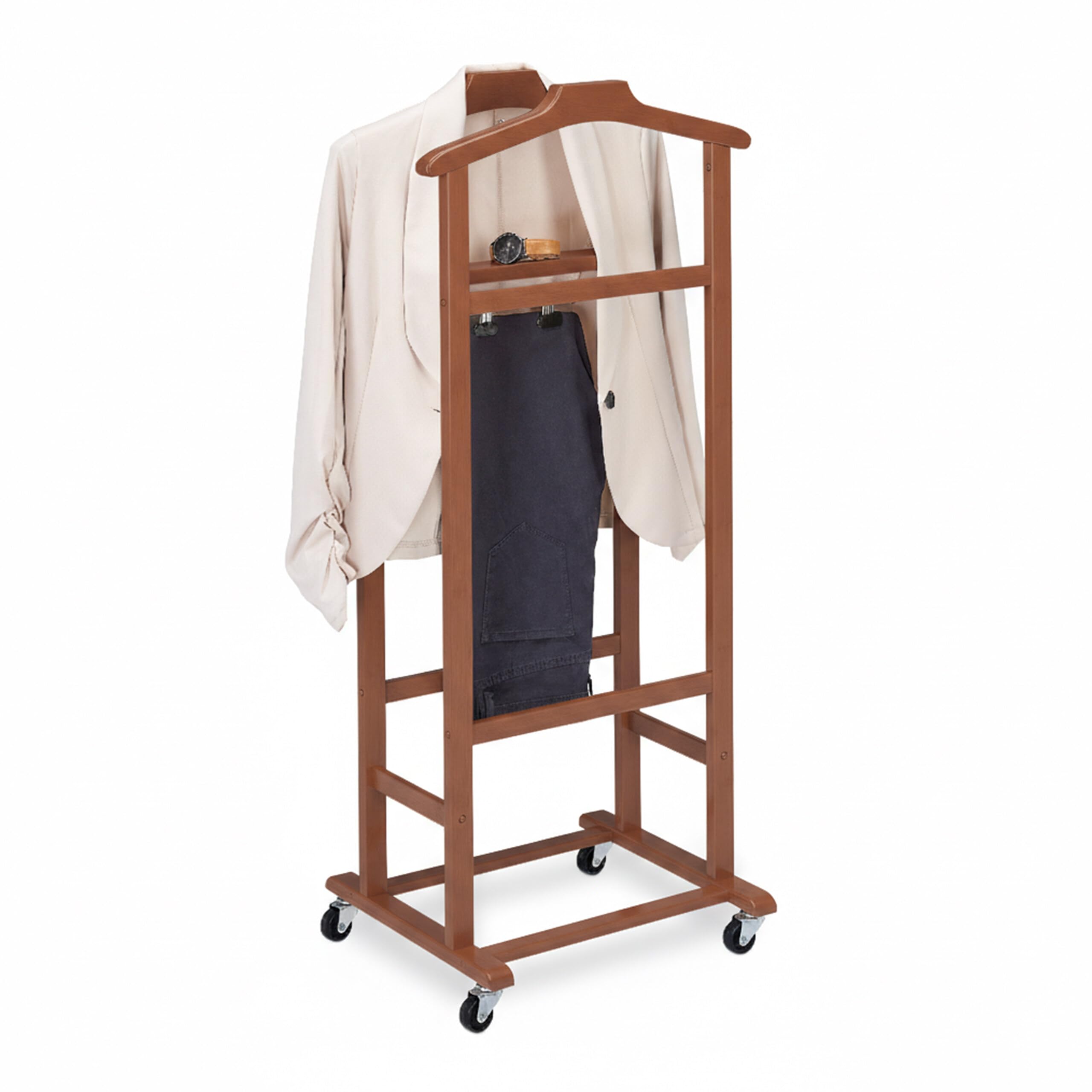 Relaxdays Valet sur roulettes en Bambou Premium, Porte-vêtements Chambre, H 107 x L 47 x P 37 cm, Brun
