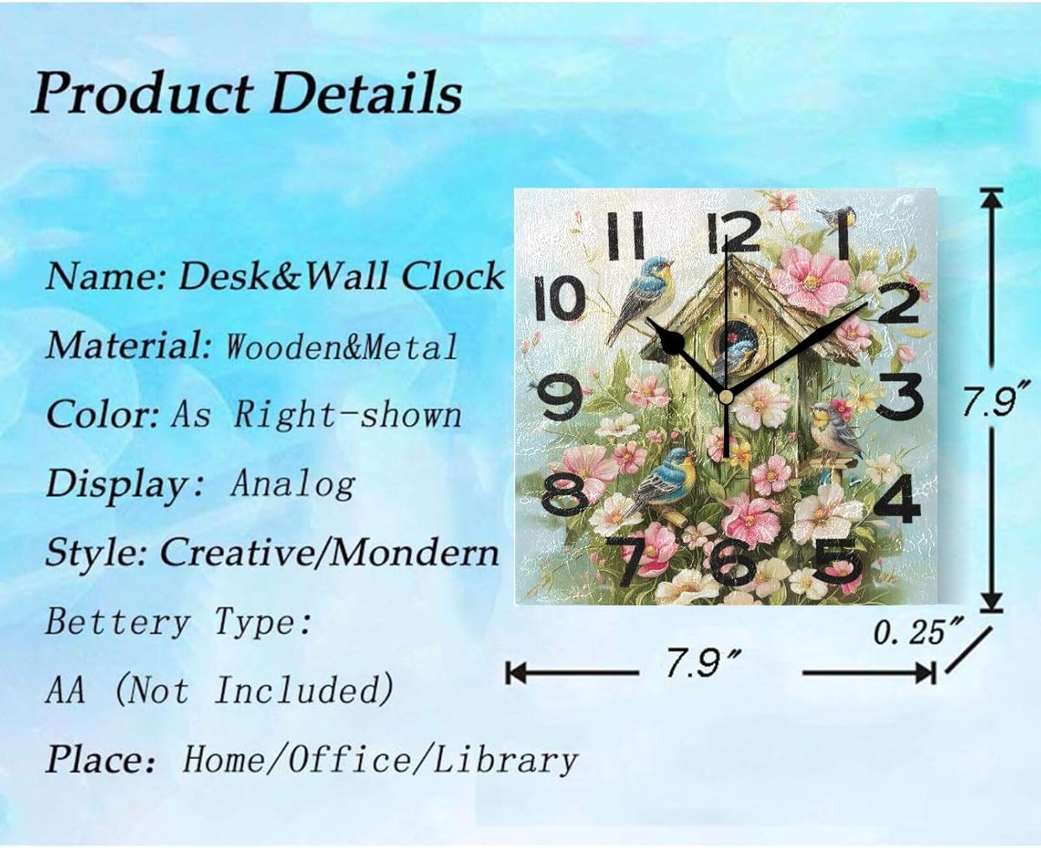 8 Inch Square Wall Clock, Lovely Flowers Birdhouse Birds Family Non Ticking Battery Operated Analog Quiet Desk Desk Clock for Home,Kitchen,Office,School,Library,Study image 3