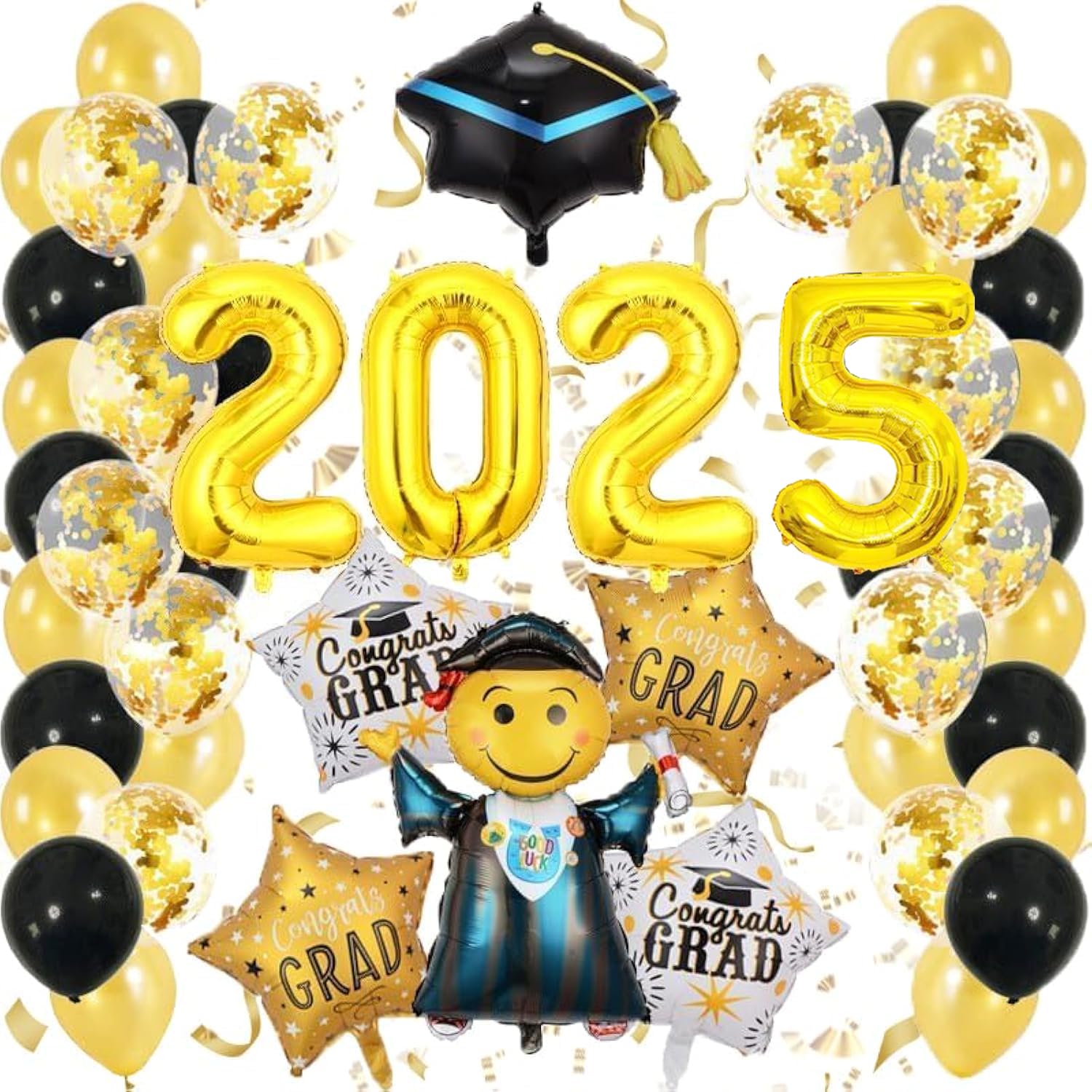 ALEGRE 2025 Graduation Luftballons – 20 Stück, Schwarz-gold, Mit Congrats-Motiven | Latex, Für Helium, Abschlussfeier-Deko