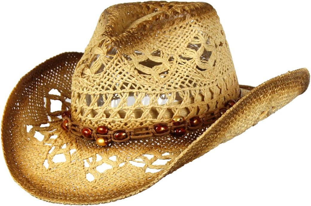 Shapeable Toyo Straw Cowboy Hat w/Beaded Trim Band, Western Cowgirl, Natural, One Size