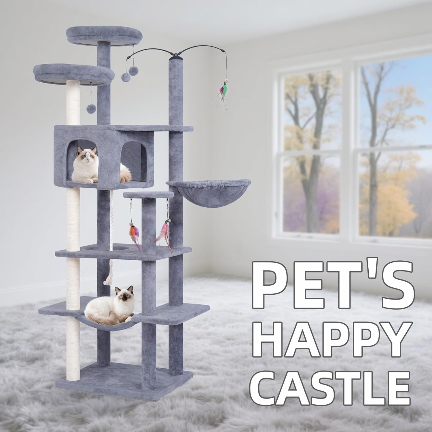 Big Cat Tree, Cat Tower with Multi-Level Condo, Hammocks, Rotating Toy (Grey, 63.4'')