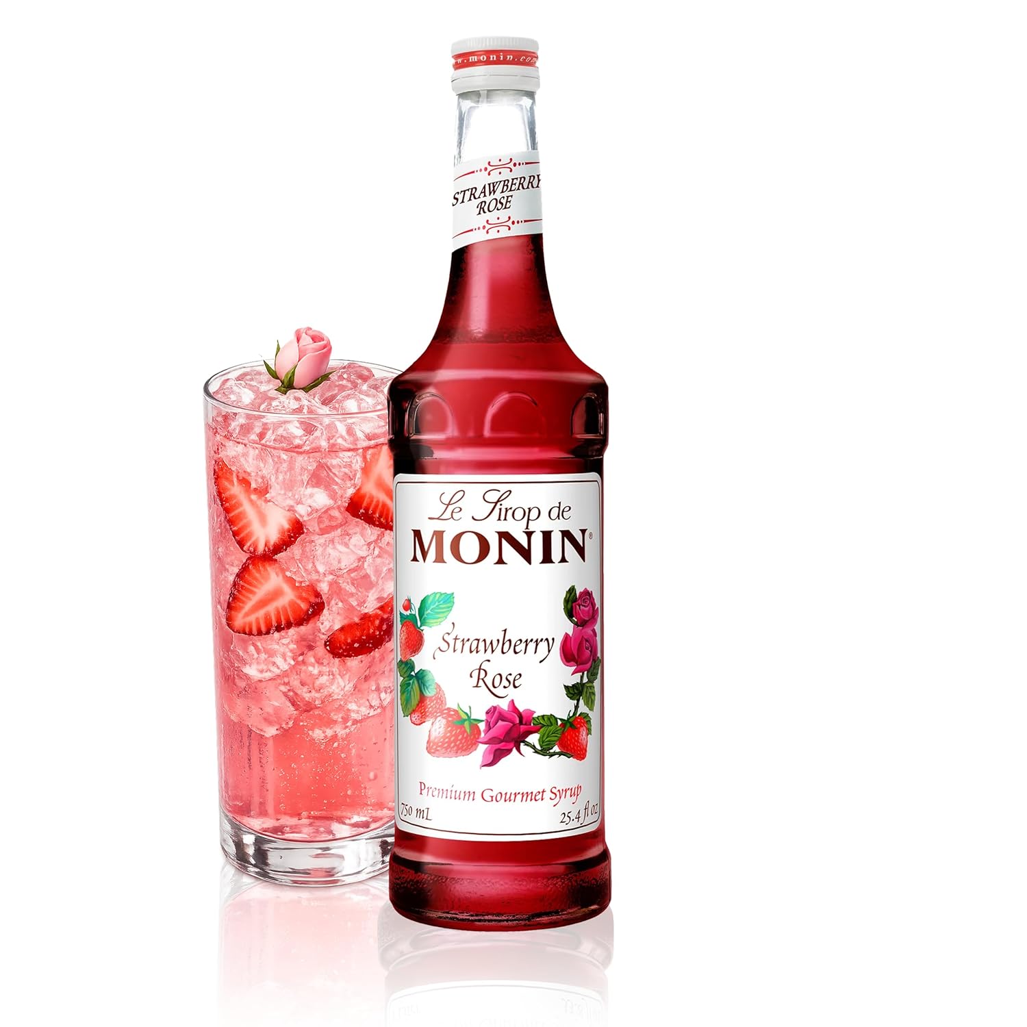 Monin - Strawberry Rose Syrup, Strawberry Rose Flavoring, Flavored Syrup, Coffee Flavoring, Natural Flavoring, Great for Lattes, Teas, Lemonades, Cocktails, & More (750 ml)