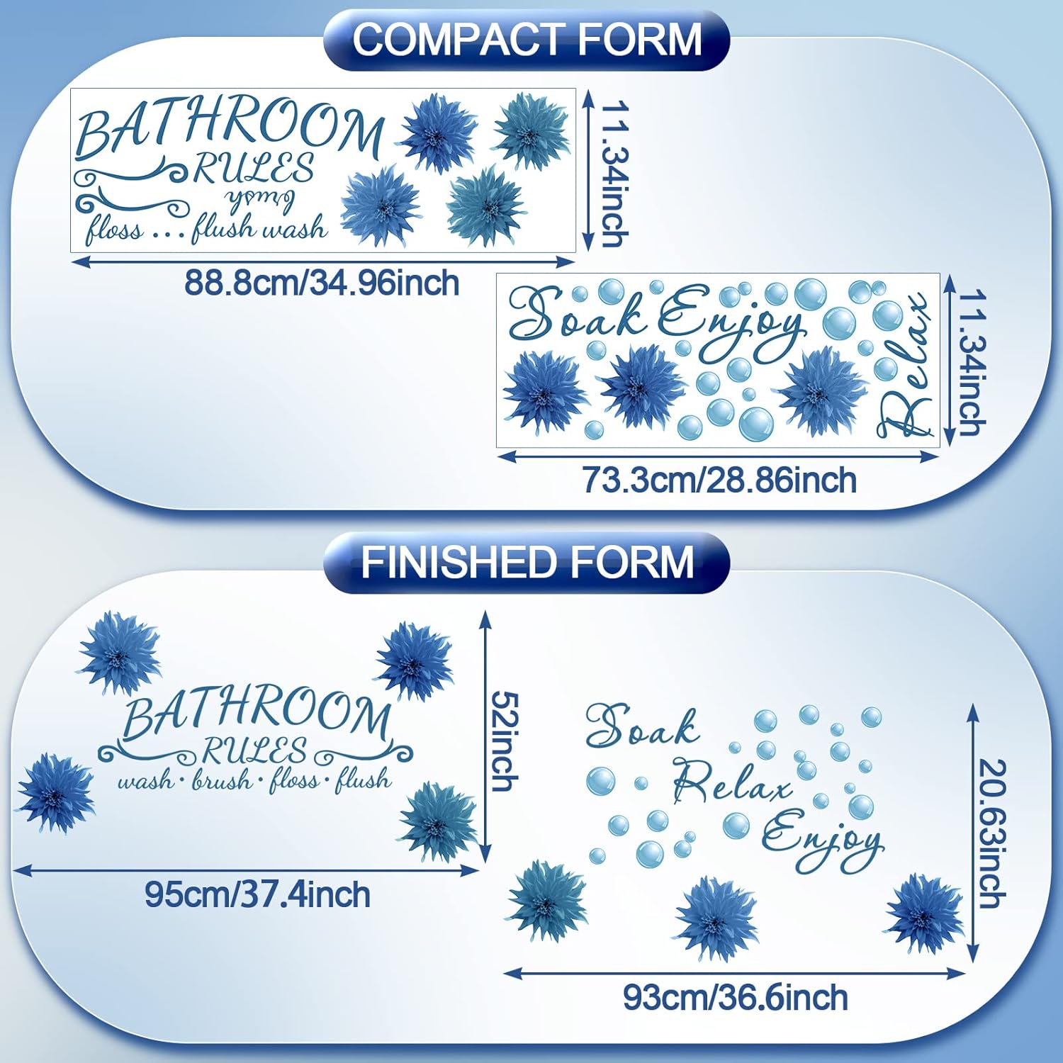 Zonon 2 Pcs Bathroom Stickers for Wall Decals Soak Relax Enjoy Toilet Rules Decor Vinyl Quote Wall Decor for Home(Flower Style, Blue)