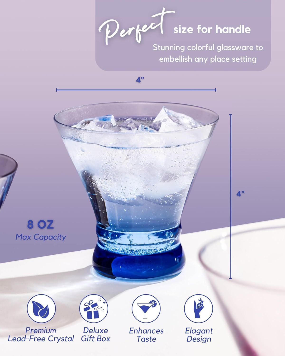 ColoVie Martini Glasses Set of 6 - Cocktail Glasses - 8oz Stemless Margarita, Bar, Dessert Glass - Colored Liquor Drinking Glassware - Cosmo, Manhattan, Espresso Martini - Cocktail Party Gift for Her - Image 6