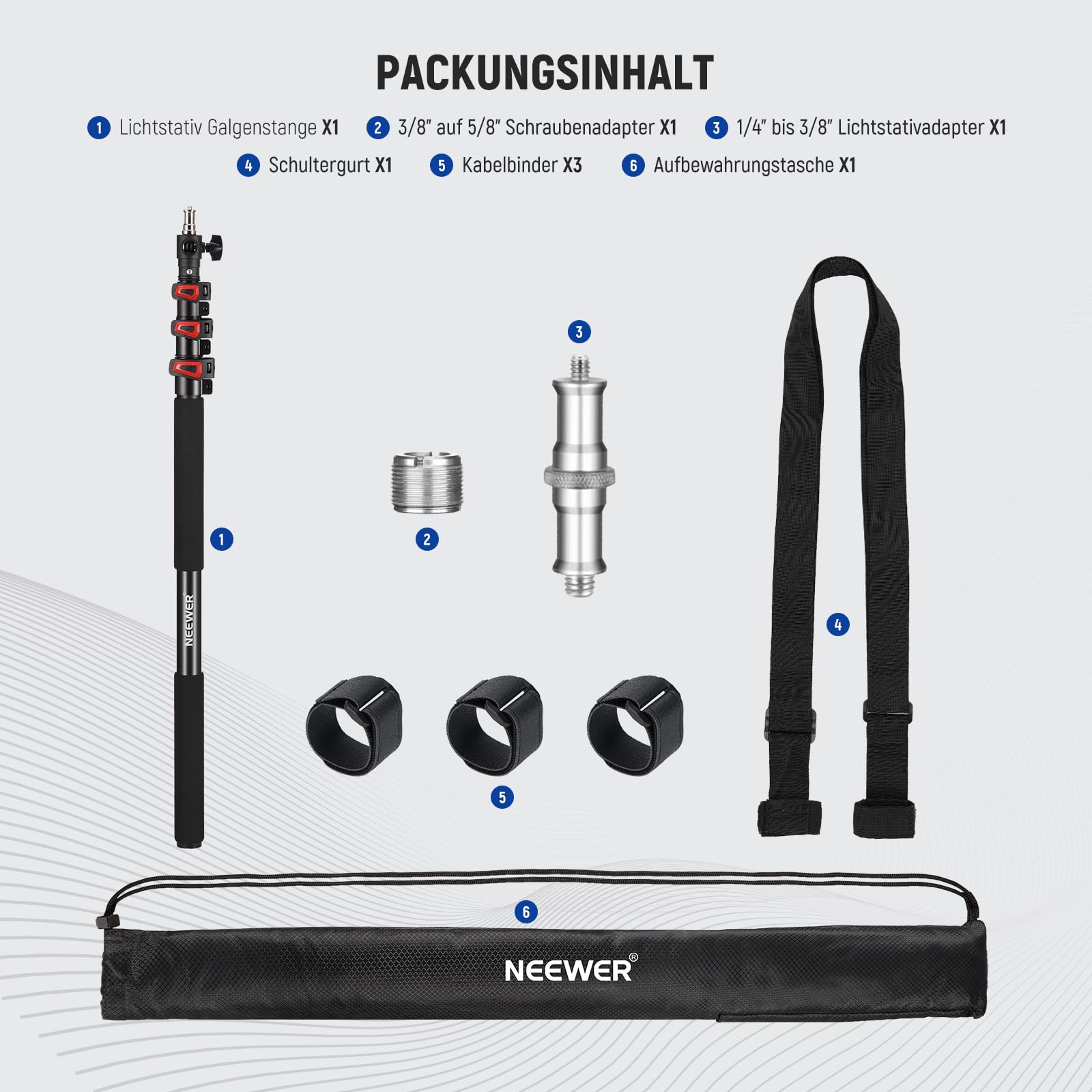 NEEWER 230cm Handliches Lichtstativ Teleskop Aluminium mit 1/4", 3/8", 5/8" Schraube/Einfachem Klappverschluss/Schultergurt/Kabelbindern/Tasche, Auslegerständer für Videolicht Flash Mikrofon, MS-230C