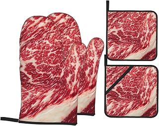 Oven Mitts and Pot Holders 4 Pcs Set, Thickly Sliced Beef Marble Heat Resistant BBQ Gloves Potholders Extra Thicken Long Kitchen Oven Glove for Cooking Baking Grilling