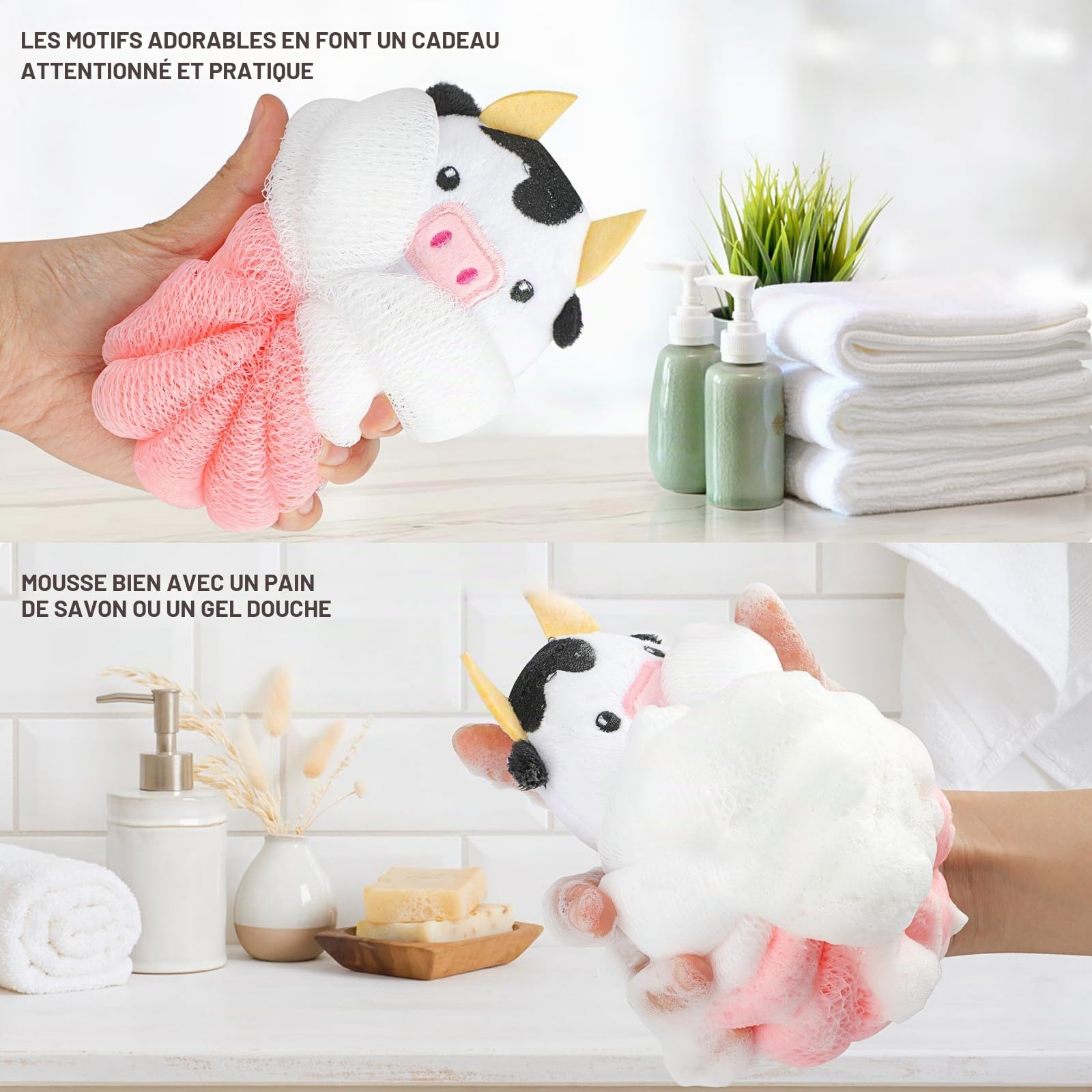 PHOGARY Lot de 3 Fleur de Douche Lavable pour Enfants, Fleur de Bain Adorables pour le Corps, Pouf de Douche en Forme d'Animal Éponges Luffa, Gommage pour le Corps Éponge en Maille pour Enfants-B