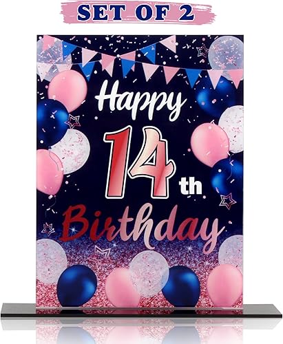 LINGTEER Decoración de cumpleaños, soporte para globos, centros de mesa de acrílico, póster impreso de feliz cumpleaños 14, decoración de fiesta de