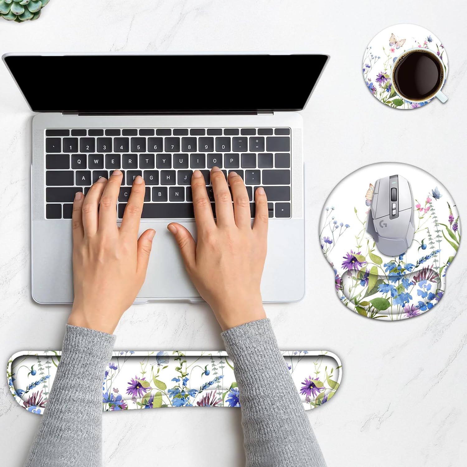 keyboard wrist rest, ergonomic mouse pad wrist support, memory foam wrist rest, anti-slip base,weeds mousepad with coaster for computer keyboard office home, beautiful floral white