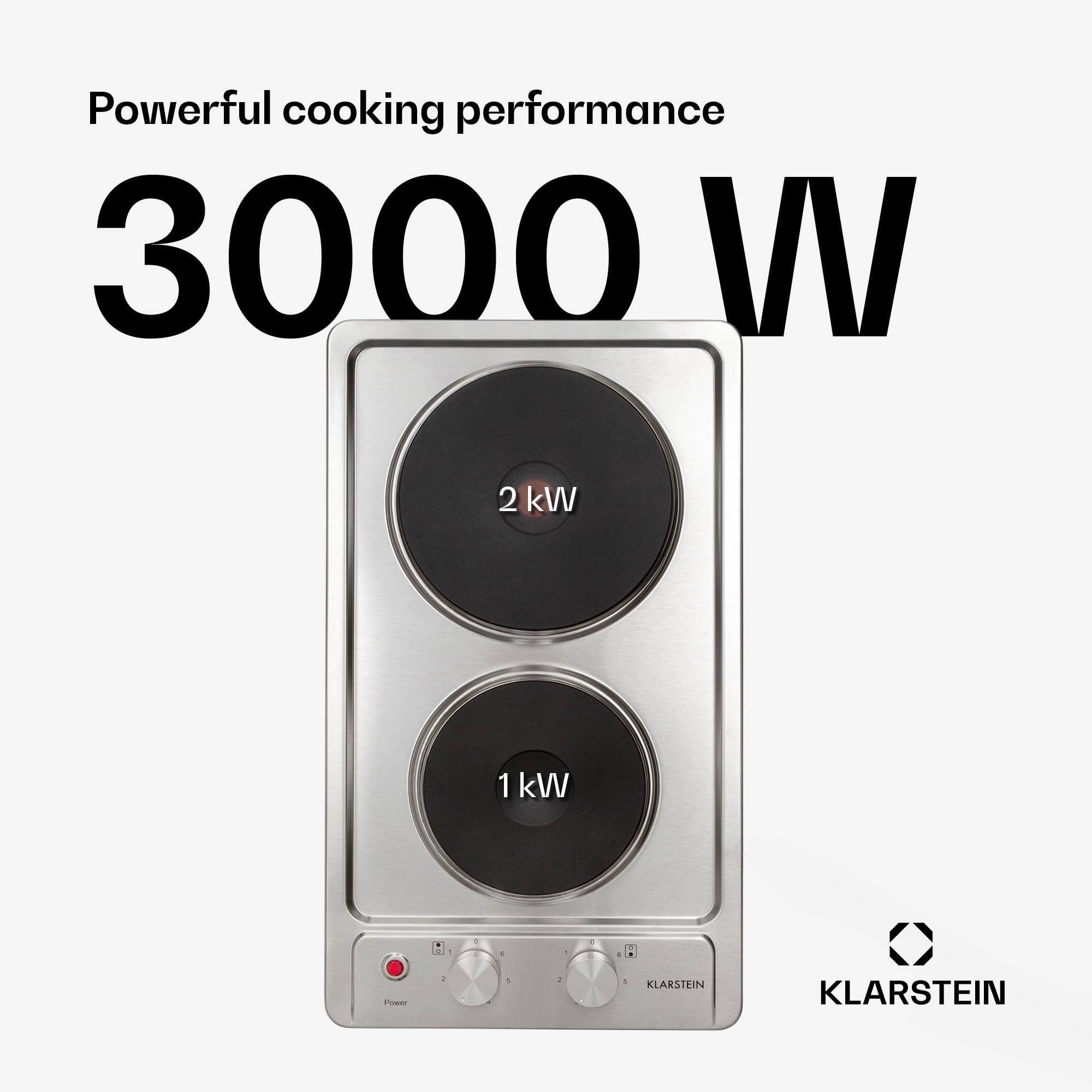 Klarstein Appetito Płyta grzejna do zabudowy, Wskaźnik ciepła resztkowego, Pokrętła, 6 stopni mocy, Elektryczna, Płyty grzejne, Stal nierdzewna, 2 płyty/strefy, 3000 W, srebrna