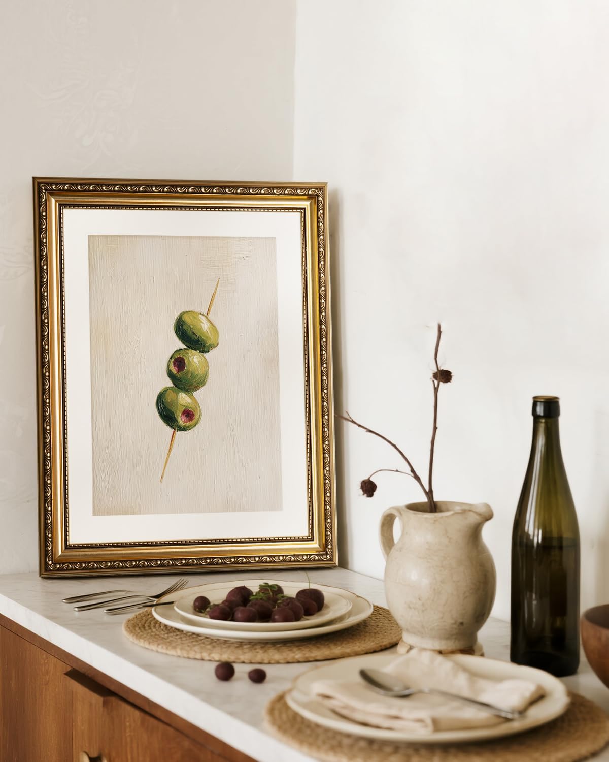 InSimSea Gold Framed Wall Art, Living Room Vintage Olives Oil Painting Wall Shelf Decor, Still Life Canvas Print Art, Home Farmhouse Decor, Antique Paintings with Picture Frame 13x16inch