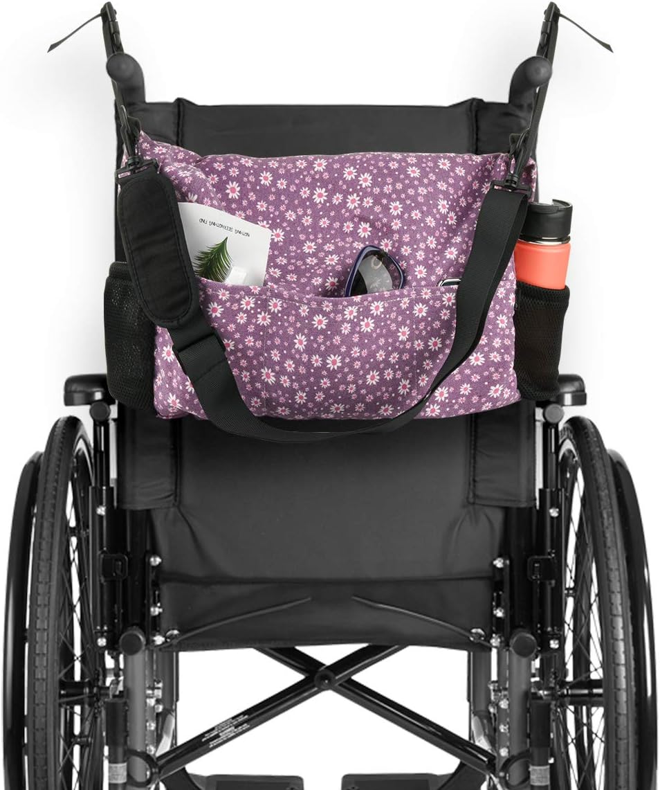 CaSZLUTION Wheelchair Storage Bag Wheelchair Tote Bag Travel Messenger Backpack Storage Organizer for Back of Wheelchair (Purple Floral Pattern) : Health & Household