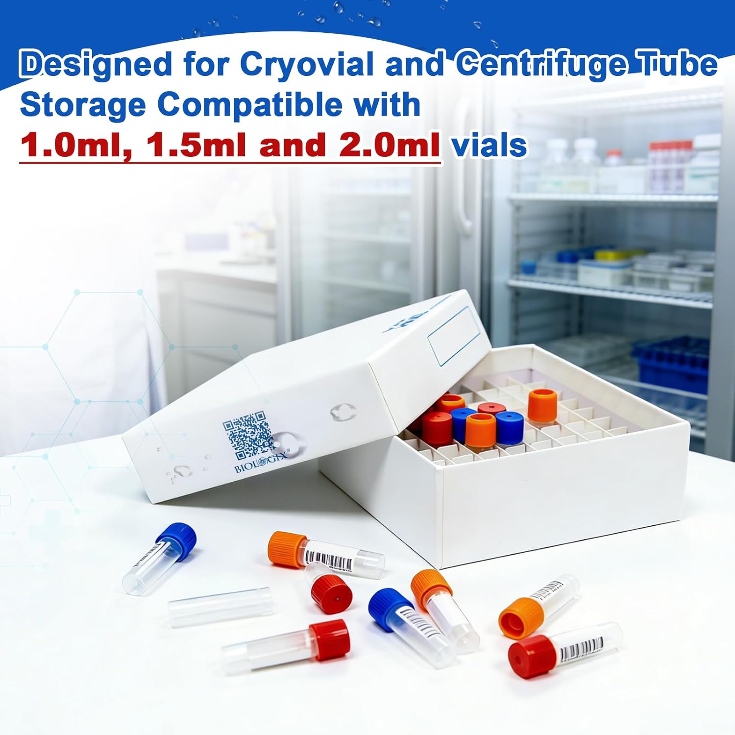 Lab Freezer Box with Plastic Coating, 2 Inch Height Cryobox, 81-Well Microtube Box for Lab Freezer, White, Case of 100