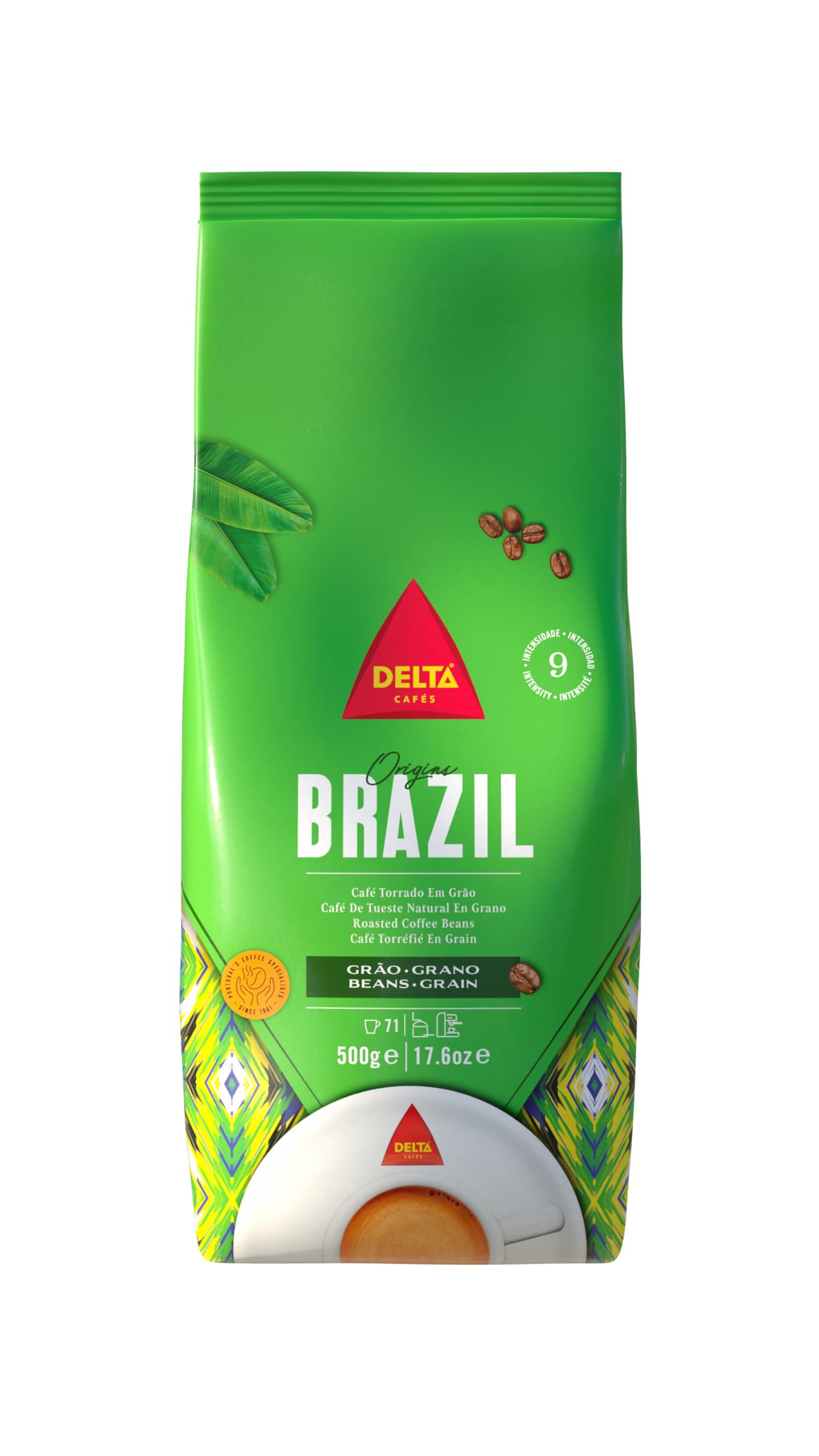Delta Cafés - Brasil - 500 g de Café en Grains - Intensité 9 - Grains de Café Torréfiés 100% Arabica du Brésil - Doux, Aromatique et Tropical avec des Notes Fruitées