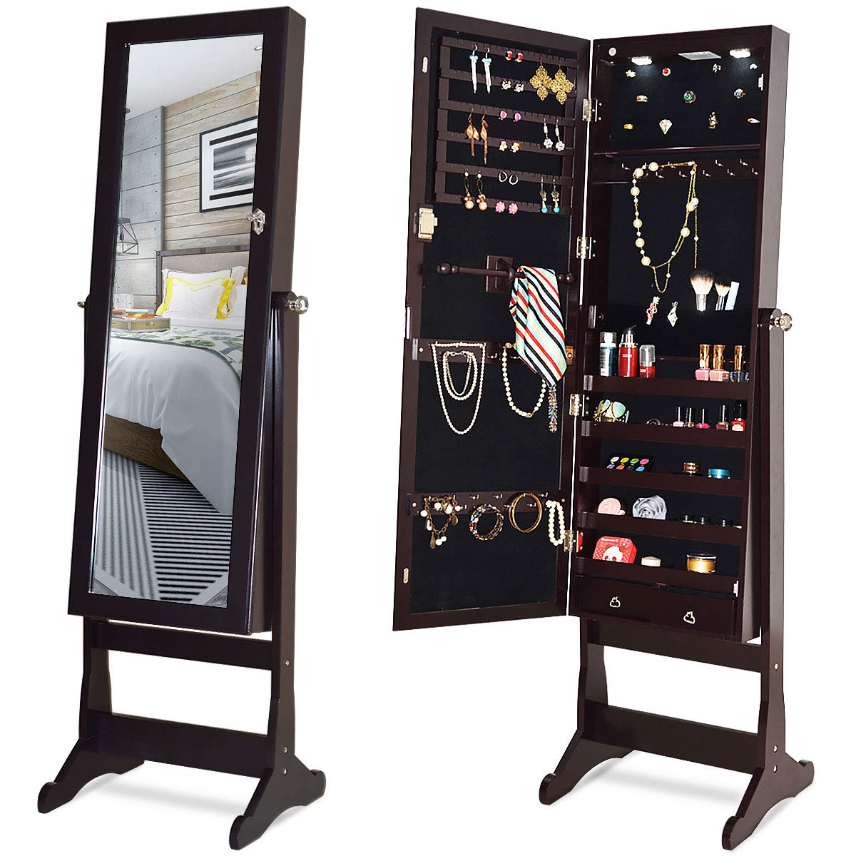 CHARMAID 2 LEDs Standing Jewelry Cabinet with Full Length Mirror, Lockable Mirrored Jewelry Armoire Organizer with Scarf/Bracelet Rod and 2 Drawers, Large Storage Capacity, 4 Adjustable Angle (Brown)