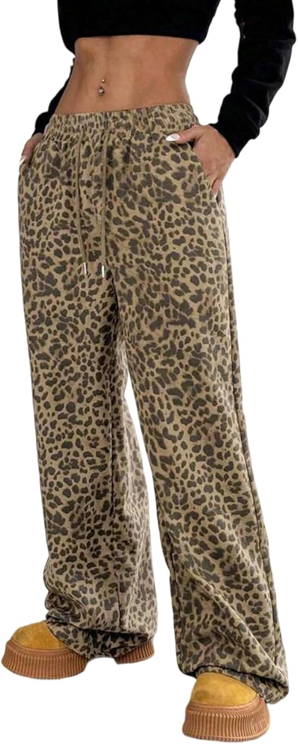 Womens Leopard Baggy Wide Leg Sweatpants Drawstring Elastic High Waisted Cheetah Print Lounge Barrel Trousers Pockets