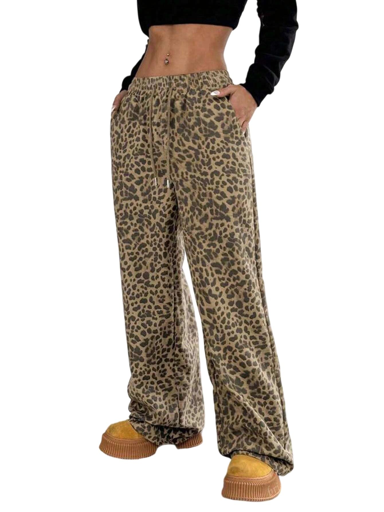 Women Leopard Baggy Wide Leg Sweatpants Cheetah Print Drawstring High Waisted Barrel Lounge Pants with Pockets