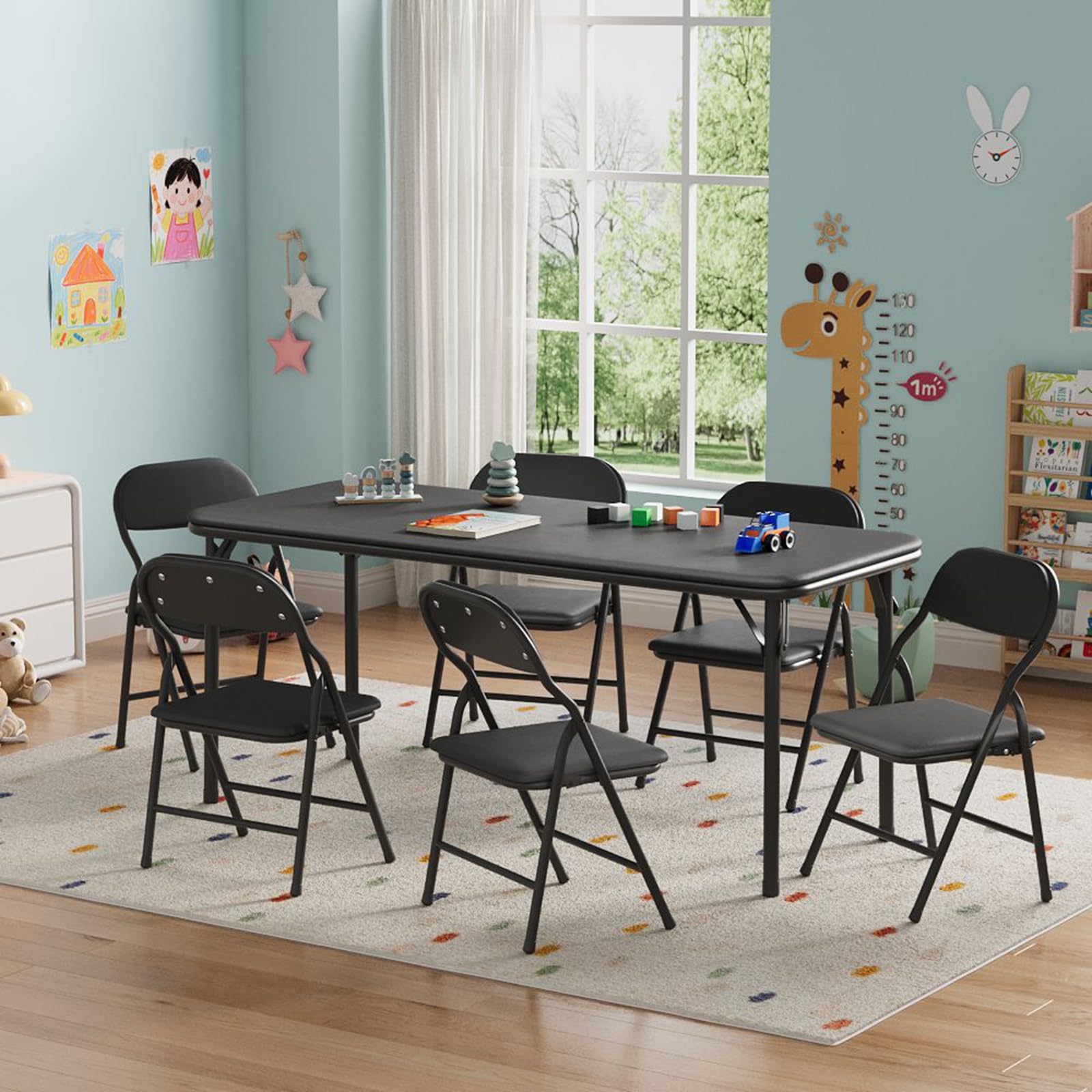 IDEALHOUSE 7 Piece Boys Girls Folding Table and Chairs Set, Activity Table and Chairs Set for Dining Room,Daycare,Classrooms