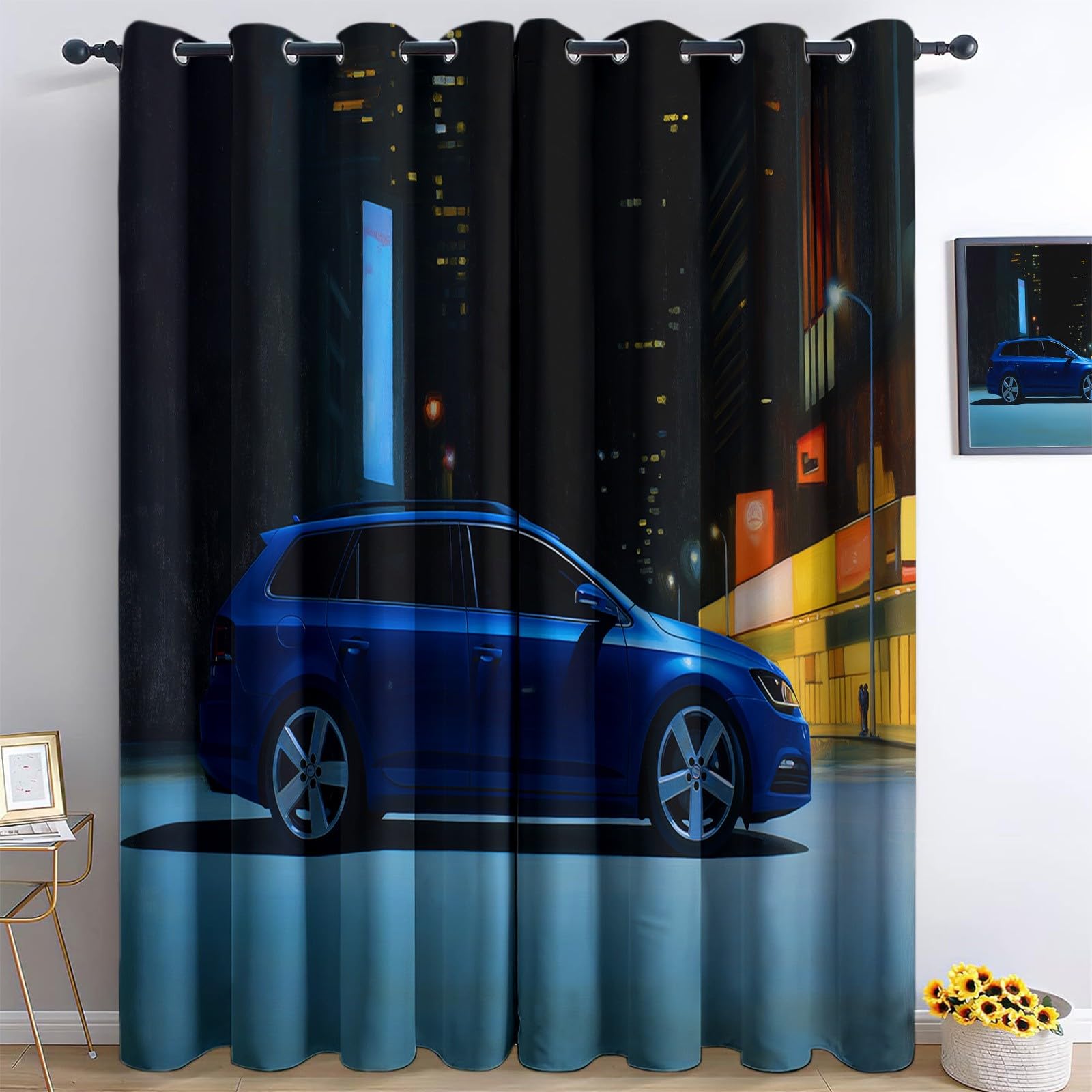 Genérico 140 x 260 cm, juego de 2 cortinas 100% opacas con aislamiento térmico para coche, moderno, coche, deportivo, tela suave e impermeable, doble cortina con ojales para dormitorio, sala de estar