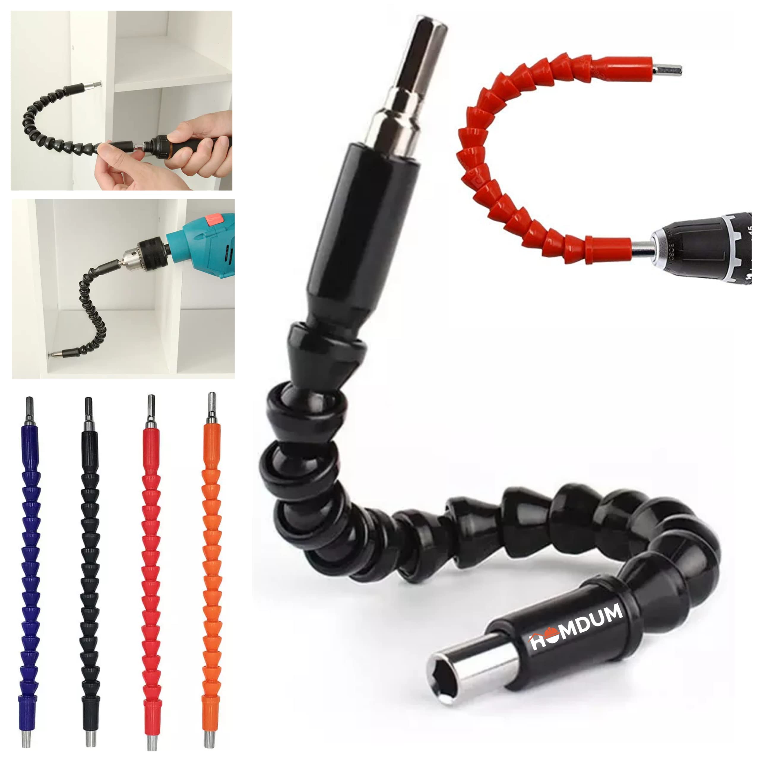 Homdum Magnetic Drill Extension Attachment for Screwdriver Flexible ¼ 6mm x 300 mm Quick Connect Drive Shaft tip hex bit Holder for Working in congested and Difficult Corners. (Red or Black)