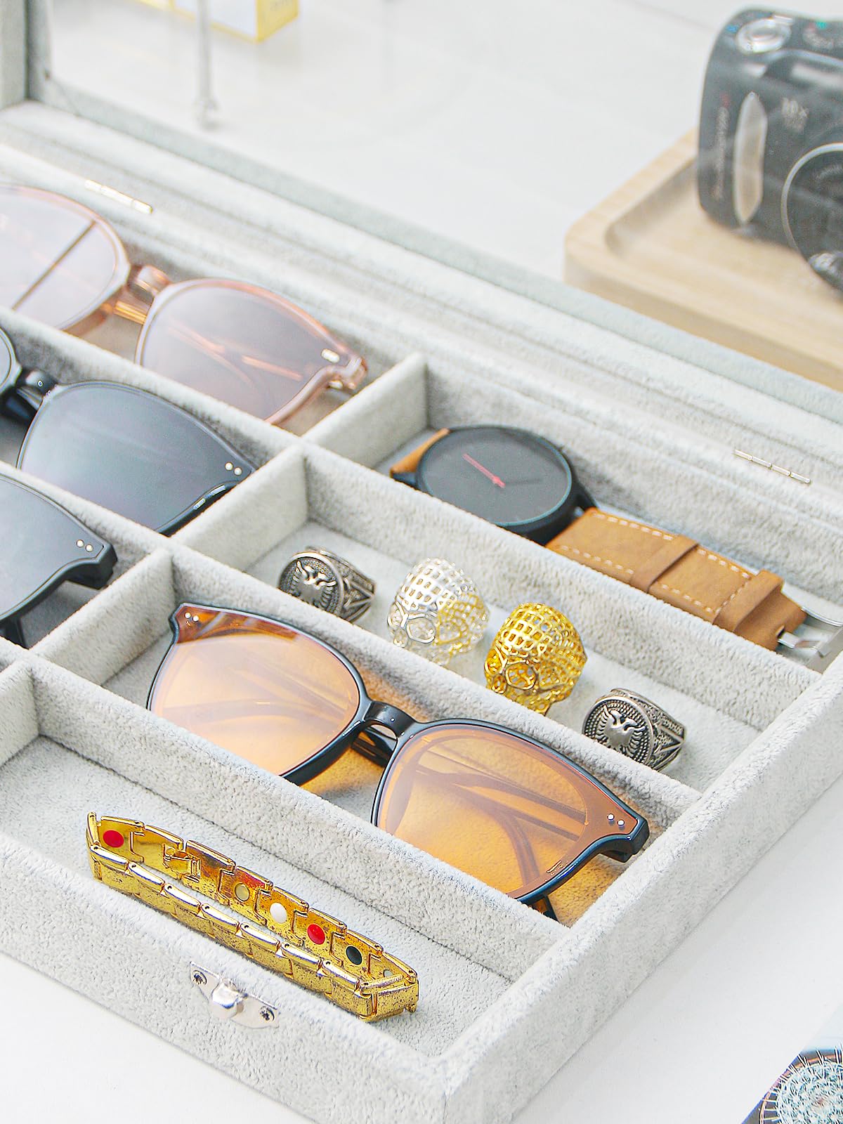 Bandeja organizadora de gafas de sol para joyas, caja de terciopelo gris para gafas, organizador de gafas para escritorio en casa o exhibición de espectáculos de ventas (con tapa)