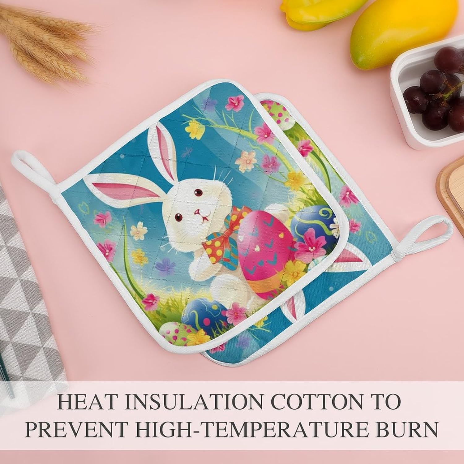 Square Potholders 2-Piece Set,Spring Happy Easter Holiday Printed Kitchen Insulation Mats Heat-Resistant Non-Slip Insulation Mats with Hanging Rings for Kitchen Cooking Baking BBQ