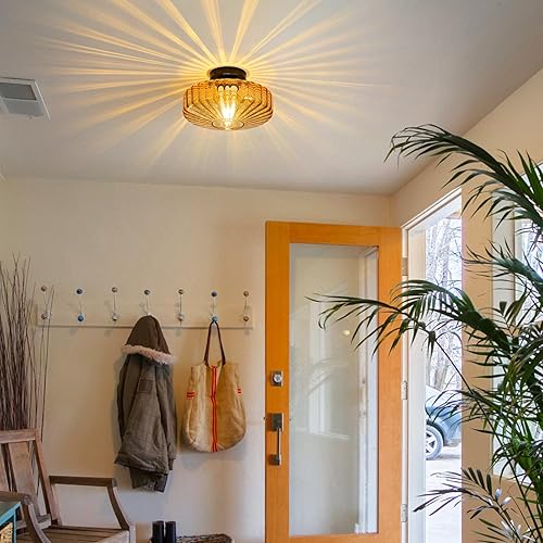 Miniatura 8 de Lámparas de techo semiempotradas de cristal, 12 pulgadas, estilo vintage, de mediados de siglo, lámpara de montaje en ámbar Art Deco para pasillo,