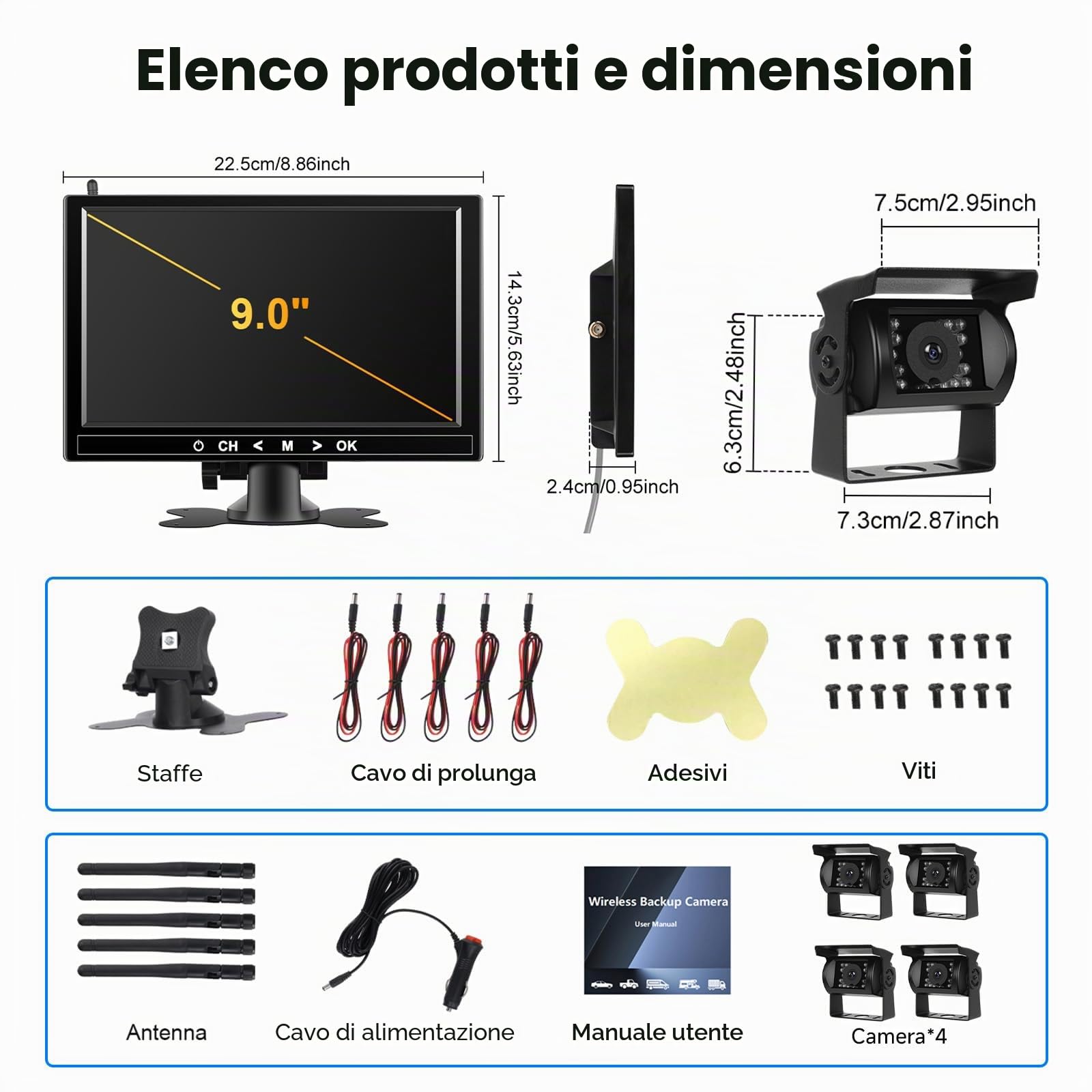 Kit di 4 telecamere posteriori 1080P HD senza fili, Podofo monitor LCD da 9 pollici con 4 telecamere di backup per rimorchio RV Camper Camion Auto Bus, rilevamento punti ciechi, linee guida, 12V-36V