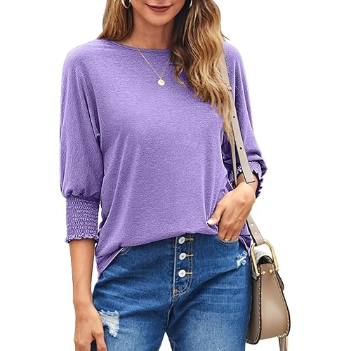 Bluetime Womens Crew Neck 3/4 Sleeve Tops Loose Fit Shirts Casual Solid Basic Tees Shirt Blouses