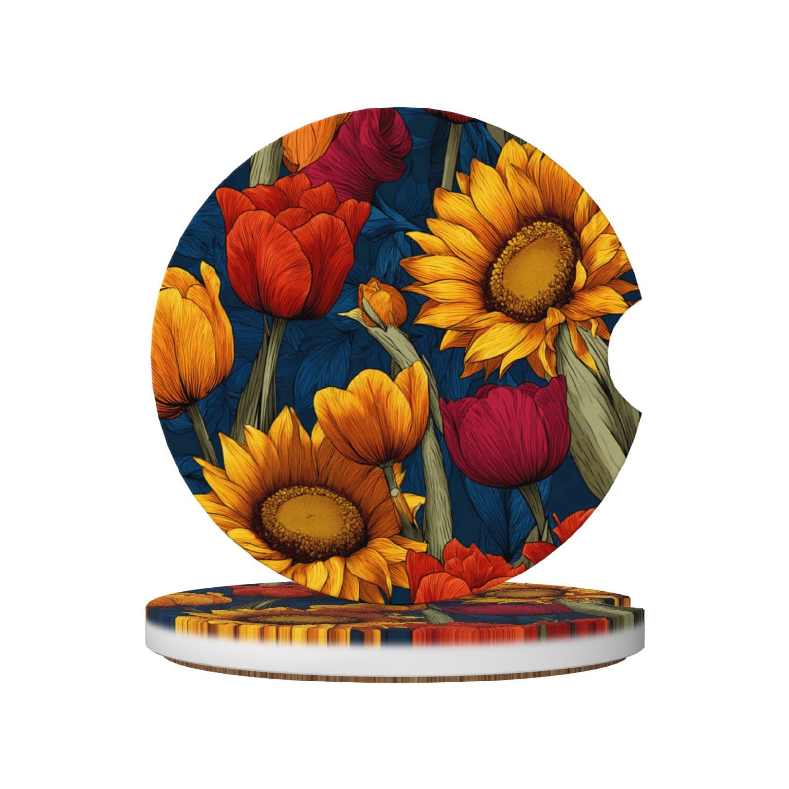 Tulip Flowers Sunflowers Ceramic Coasters,2pcs