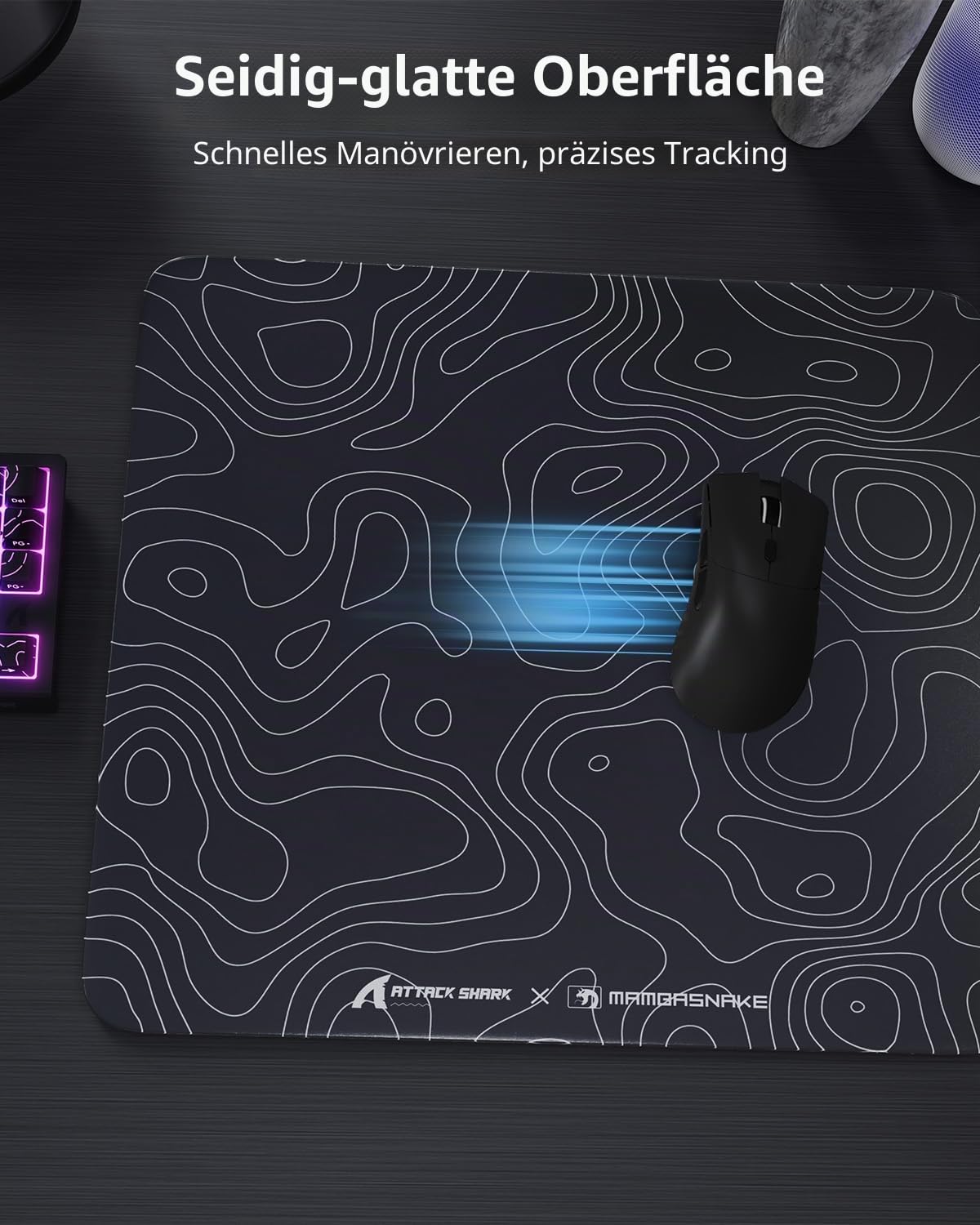 MAMBASNAKE x ATTACK SHARK CM05 Contour Glass Hard Gaming Mousepad,Nano-Micro-Etched Texture,Smooth Glass Surface,High Accuracy,Fast-Moving,Anti-Scratch, PU Leather Non-Slip Base, Large Size(450×400mm)