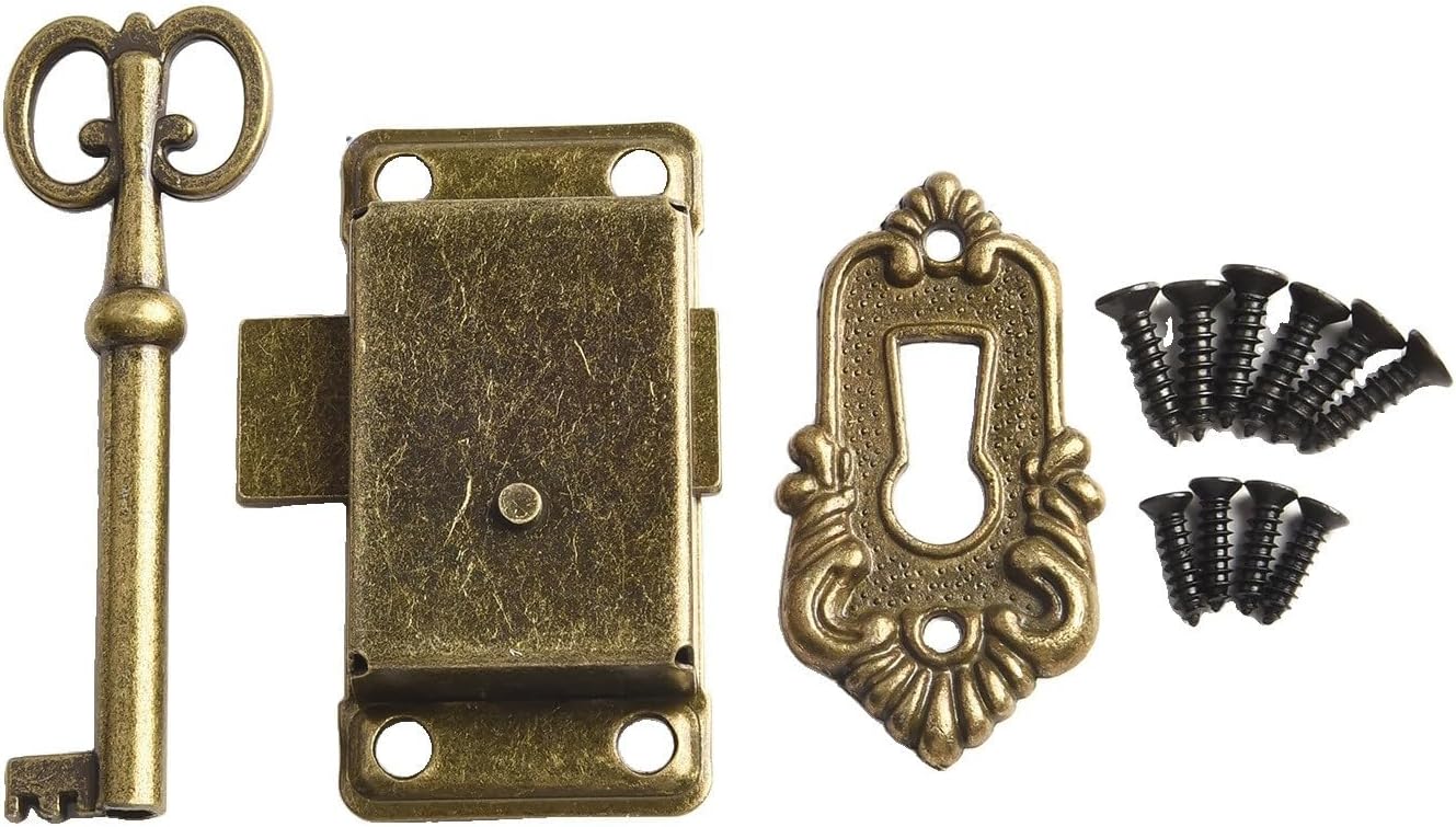 Antique-Style Door Lock Set Cupboards, Wardrobes, Drawers & Jewelry Boxes – Green or Red Bronze Finish, 53 x 26 mm, Includes Lock Body, Key and Decorative (Green bronze)