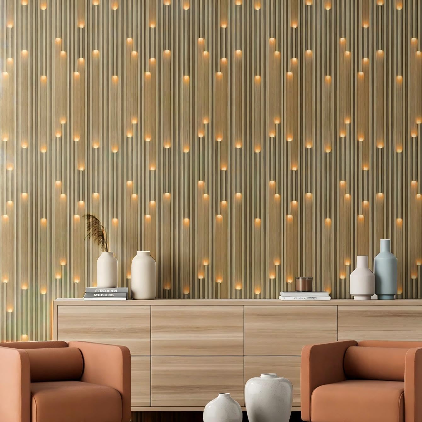 Matte 3D Wood Grating Stripe Peel and Stick Wall Panels,Simulated LED Lighting Wood Slats PE Foam Self-Adhesive Removable Waterproof Renter Friendly Wallpaper for Home Decoration(23.6"x11.8"10PCS)