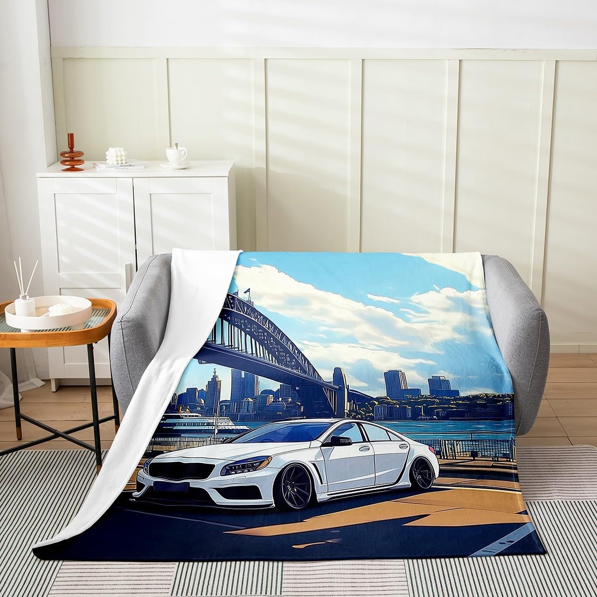 Race Car Kids Flannel Blanket,Modern High Building Bridge Bed Blanket for Boys Girls,Extreme Speed Sports Games Fashion Fleece Blanket,Blue White Fuzzy Blanket,Queen Size (90 x 90 Inches)