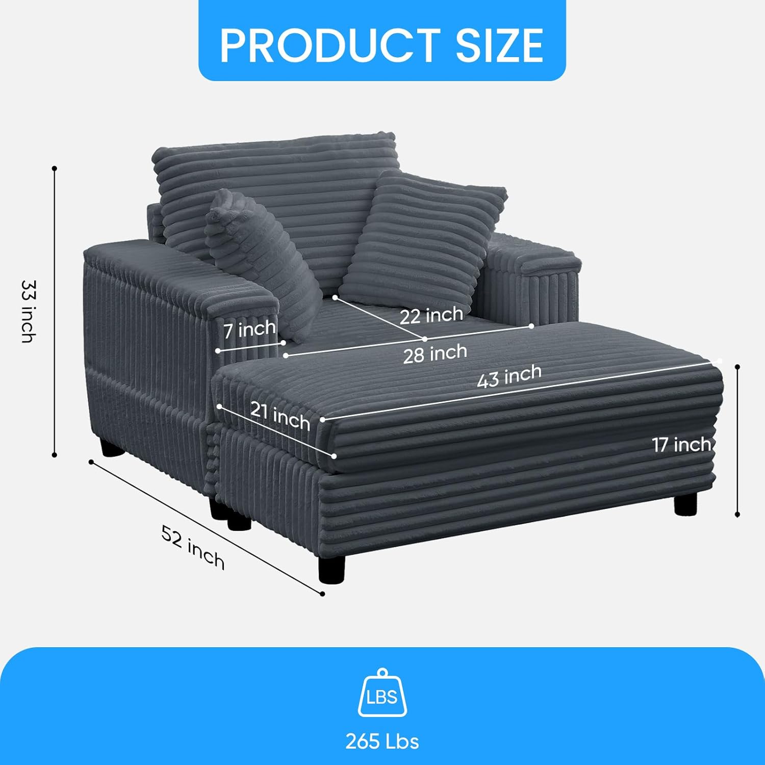 Product dimensions of the chaise lounge and ottoman