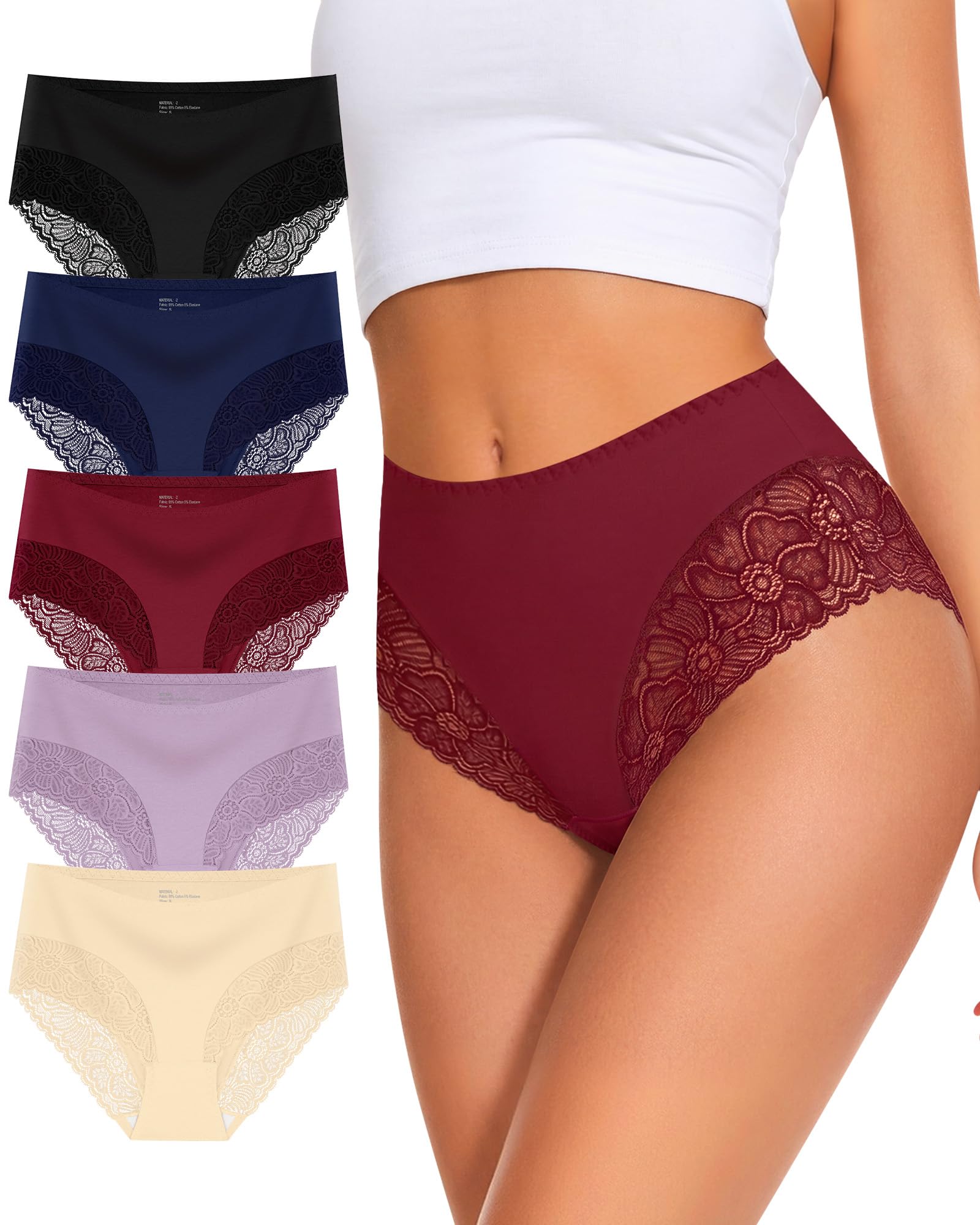 Damen Unterhosen Baumwolle Cheeky Slip mit Spitze Mid Waist Slips 5er Pack | Weiche Baumwolle, Atmungsaktiv, Elegante Spitze, Mittlere Taille ohne Verrutschen, Bequemer Cheeky Schnitt, Schlaf & Lounge