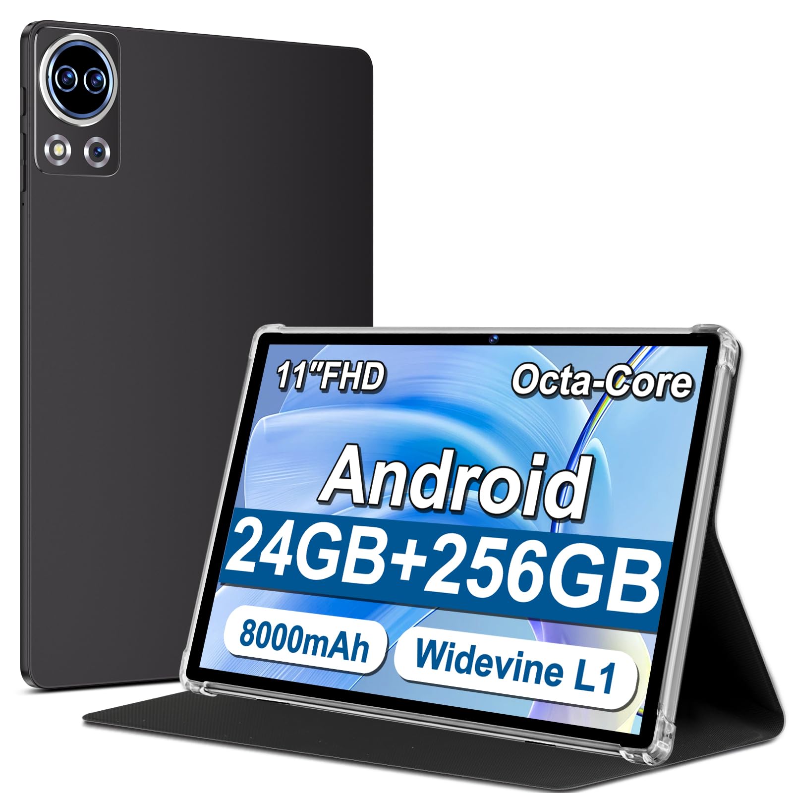 Tablet 11 Pollici Android 14 con 24GB RAM +256GB ROM (Espandibile Fino a 1 TB), Face ID, Widevine L1, Octa-Core 2.0 GHz, 5G Wi-Fi, GPS, 8000mAh, HD 1280 x 800 Incell IPS, Tablet con Custodia, Grigio