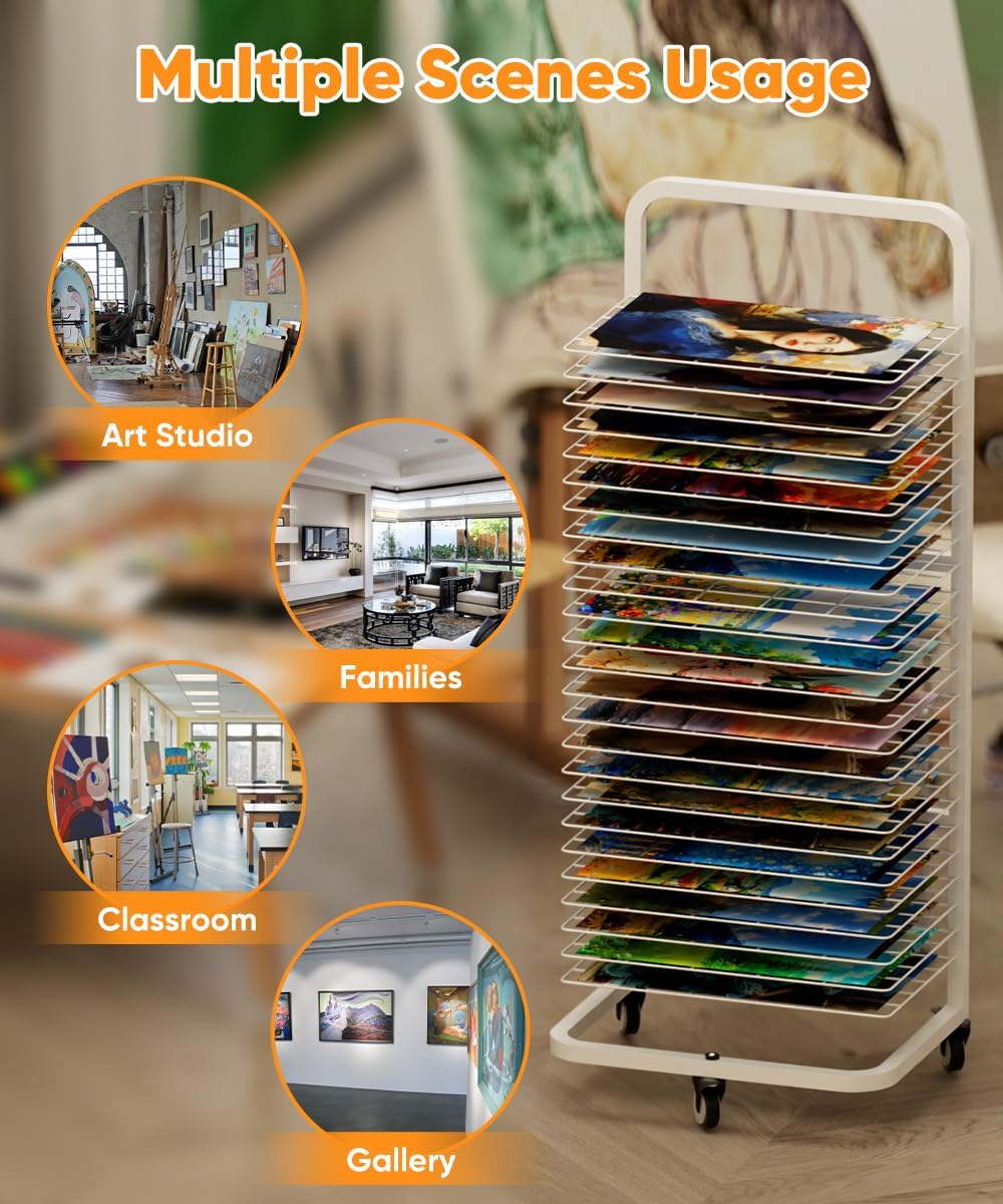 Art Drying Rack with 25 Removable Shelves, Mobile Metal Paint Drying Stand with Lockable Wheels, Functional Canvas Rack Art Storage for Artwork in Classrooms, Art Studios and Schools, White