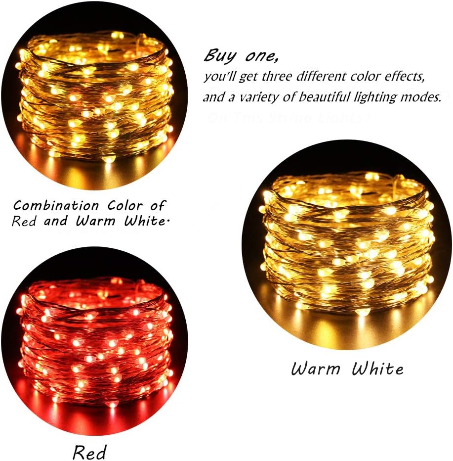 ER CHEN 2 Pack Dimmable USB String Lights, 33ft 100 LED Warm White & Red Color Changing Fairy Lights with Remote&Timer, 8 Modes Silver Coated Copper Wire Lights for Bedroom, Patio, Party
