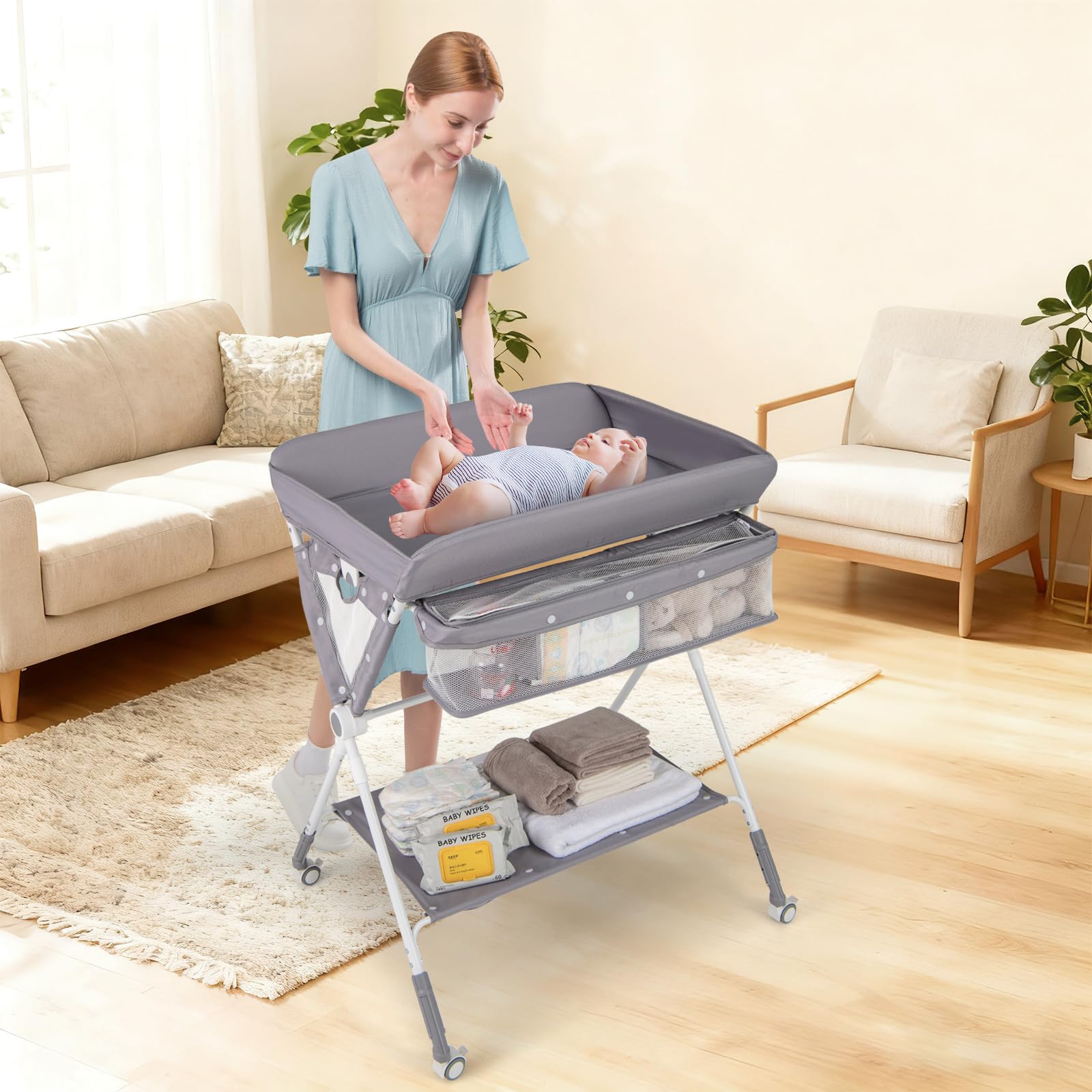 COSTWAY 3 in 1 Wickeltisch klappbar, mobile Wickelkommode mit Rollen, höhenverstellbar, Wickelauflage bis 11 kg (Grau)