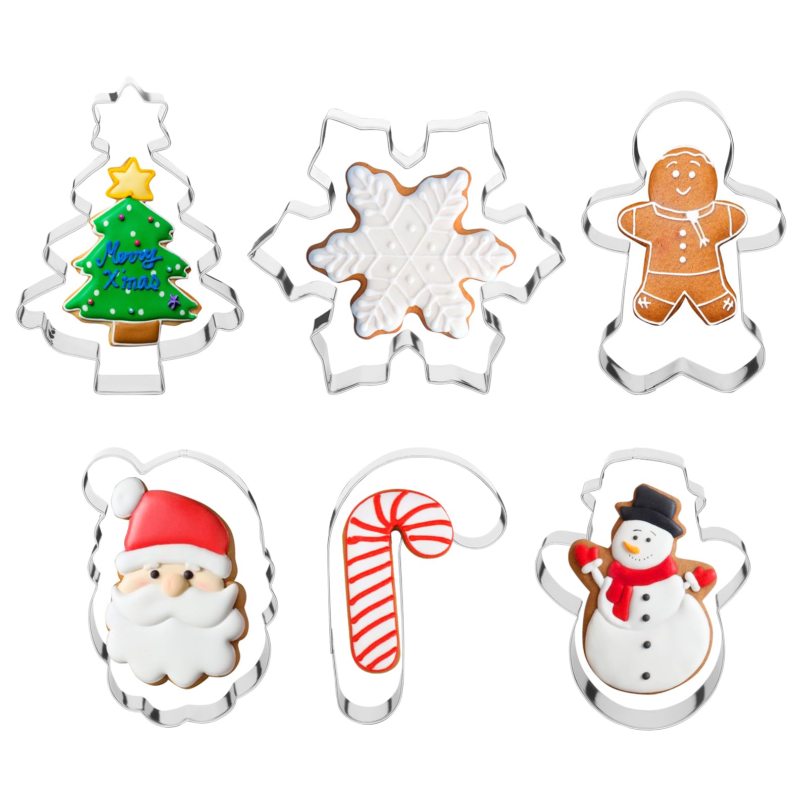STARSIDE Cortadores de galletas de Navidad, paquete de 6 cortadores de galletas con formas de Navidad | Juego de cortadores de galletas de metal para vacaciones de invierno, hombre de jengibre, muñeco de nieve, árbol de Navidad