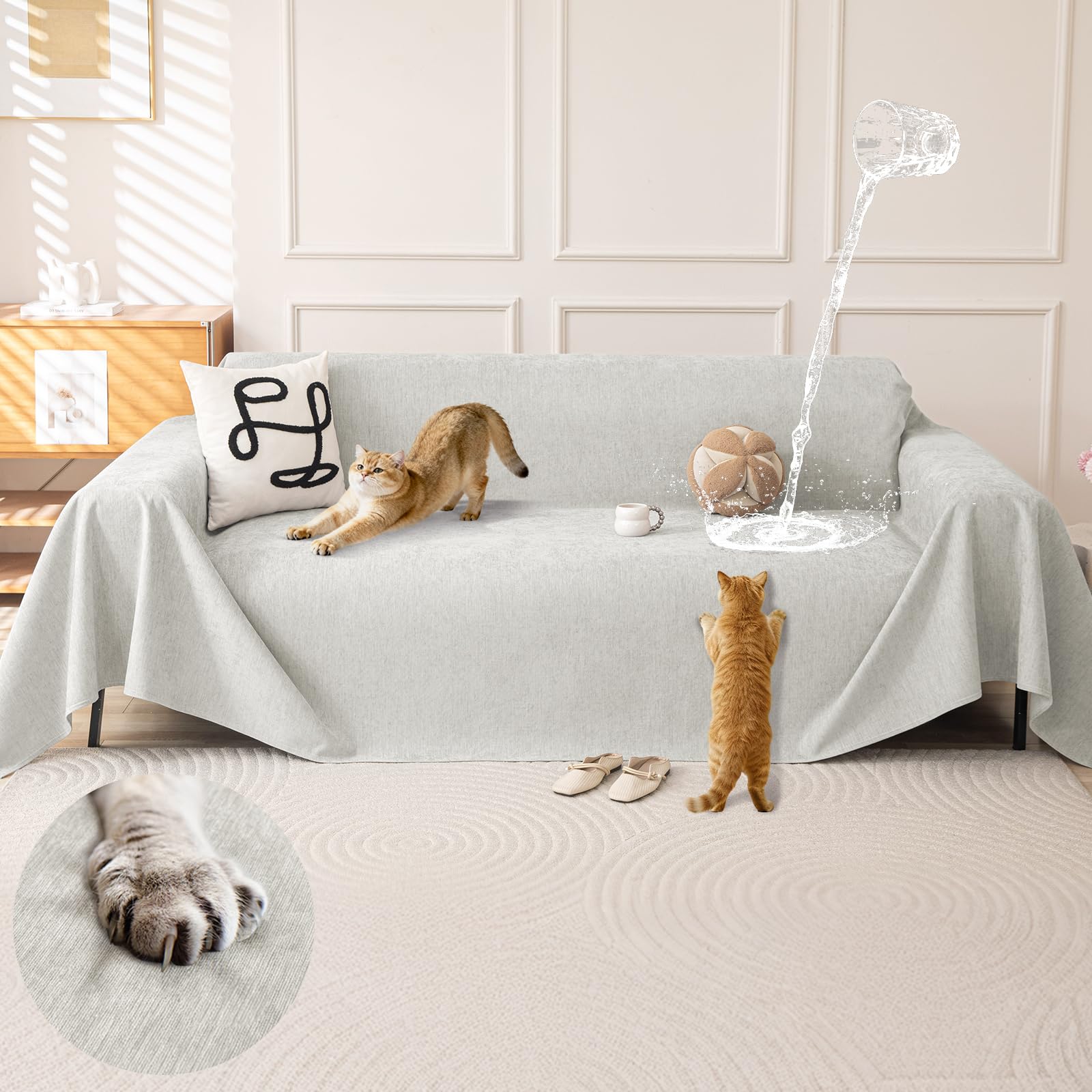 OstepDecor Funda de Sofá Impermeable 2 3 4 Plazas 180 x 340 cm, Cubre Sofá Chenilla Antigarras para Gatos, Protector de Sofá Anti-Manchas, Resistente al Desgaste, Fácil de Limpiar, Gris Claro