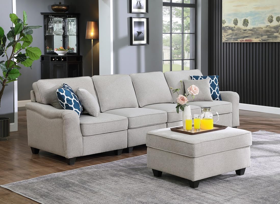 Assembled sofa and ottoman in a living room setting