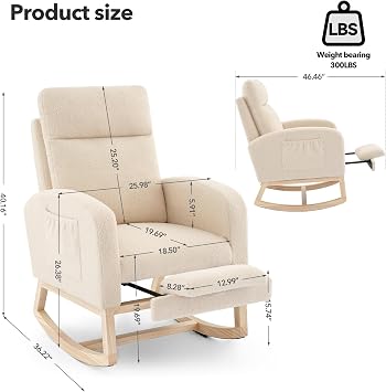Rocking Chair Nursery, Modern Upholstered Glider Rocker with Side Pocket, High Backrest Padded Seat Accent Armchair for Living Room, Nursery, Bedroom (Off-White)