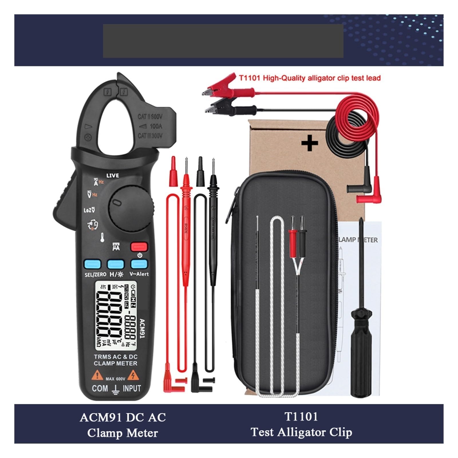 Pinza amperimétrica digital, Medidor De Pinza Digital Profesional, Amperímetro Precisión 1mA, Abrazadera DC AC 100A, Multímetro, Probador Voltaje Reparación Automática(ACM91Black and T1101)