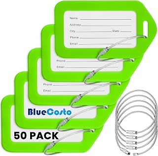 BlueCosto - Luggage Tags - Green, 50 Pack - Suitcase Tags with Name ID Card & Heavy-Duty Metal Wire Loops - Bright Colored PVC Identifiers for Travel Baggage - Backpack Name Labels