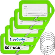 Luggage Tags, Green, 50 Pack, Suitcase Tags with Name ID Card & Wire Loops | BlueCosto Bright Colored PP Identifiers for Travel Baggage, 3.4x2" / 8.6x5.1 cm Fit Standard Cards 3.5x2" / 8.9x5 cm