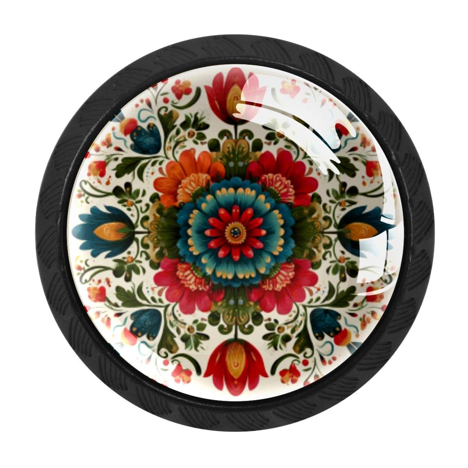 Chenzzzz Multicolored 05 4 Pack Black Norwegian Rosemaling Folk Style Flower (53) Kitchen Handles, Cabinet Pulls Hardware For Cupboard Drawer Knobs Dresser Pulls