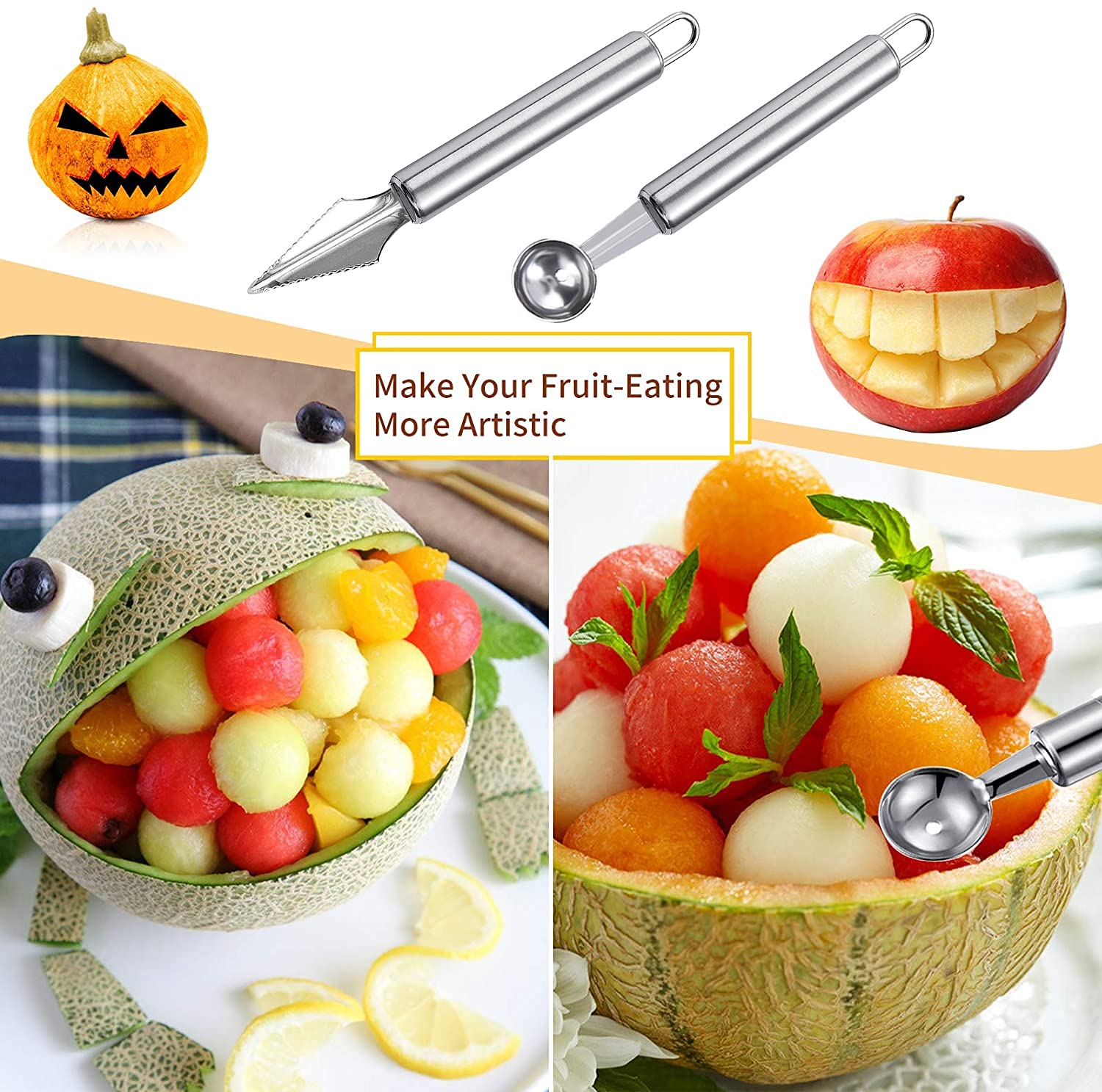 Kit 4 Outils De Sculpture De Fruits En Acier Inoxydable 304 - Cuillère Parisienne, Vide-pomme, Zesteur, Couteau Triangulaire