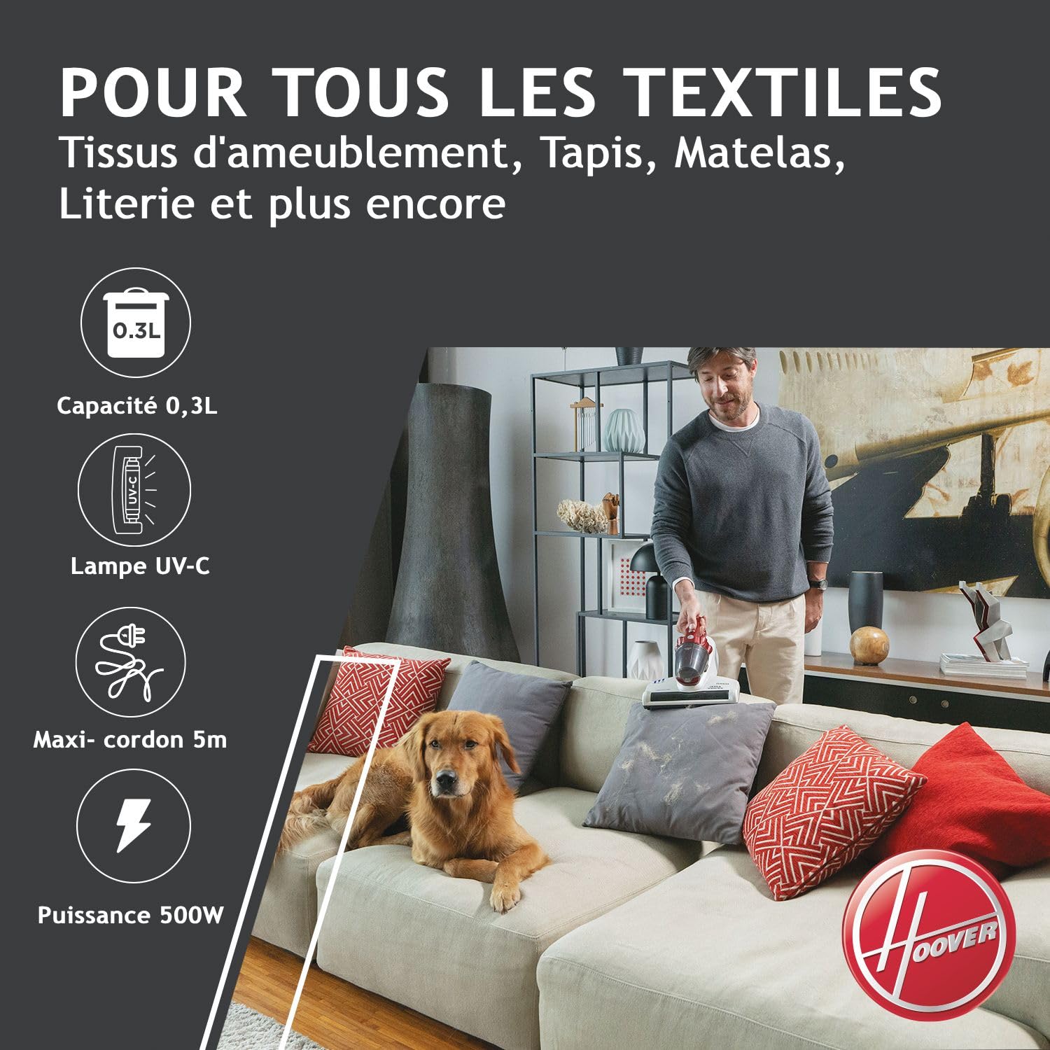 Hoover MBC500UV Ultra Vortex Aspirateur à Main Special Matelas Animaux Allergies, Ultra Puissant 500W, Lampe UV-C antibactérien, Anti-Acariens, Idéal Canapés Coussins Matelas, Blanc nacré Bordeaux